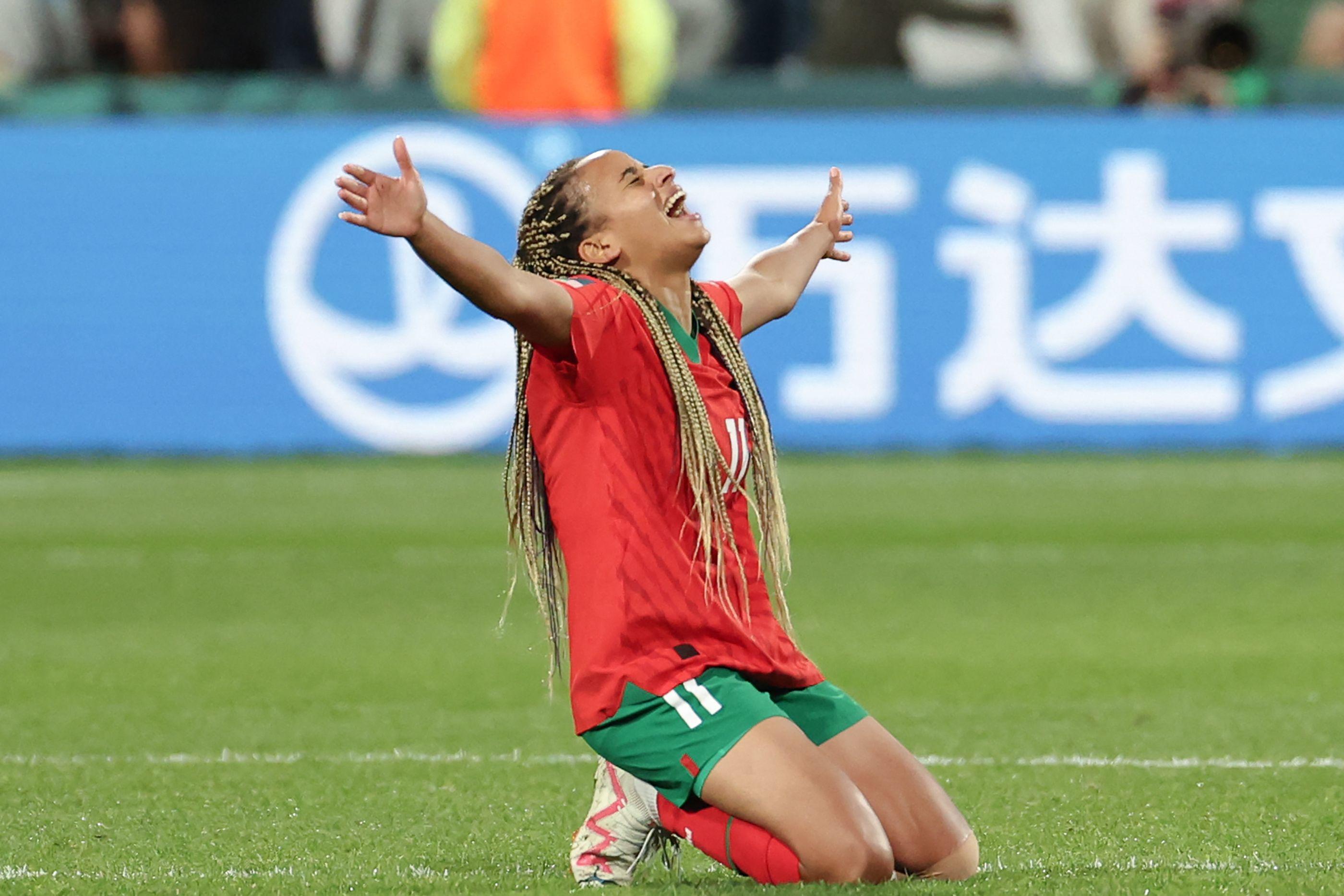 Fatima Tagnaout, joueuse de l'AS FAR et de la sélection marocaine, lors de la qualification des Lionnes de l'Atlas pour les 8es de finale de la Coupe du monde. AFP/Colin Murty
