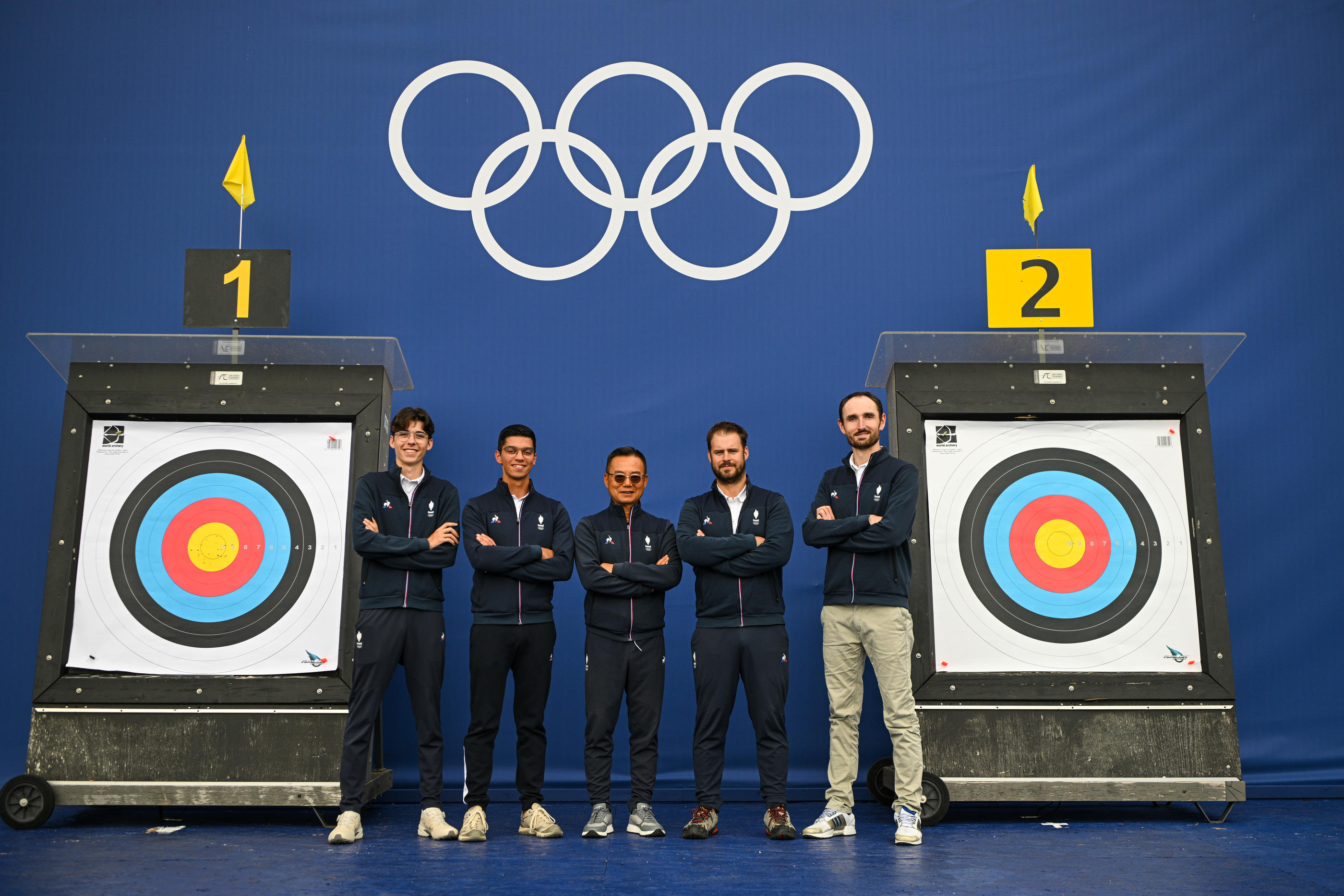 Insep (Paris XIIe), le 2 juillet. Le Sud Coréen Oh Seon-Tek (au centre), entouré de Baptiste Addis, Thomas Chirault, Jean-Charles Valladont et Romain Girouille (de gauche à droite). Icon Sport/Daniel Derajinski