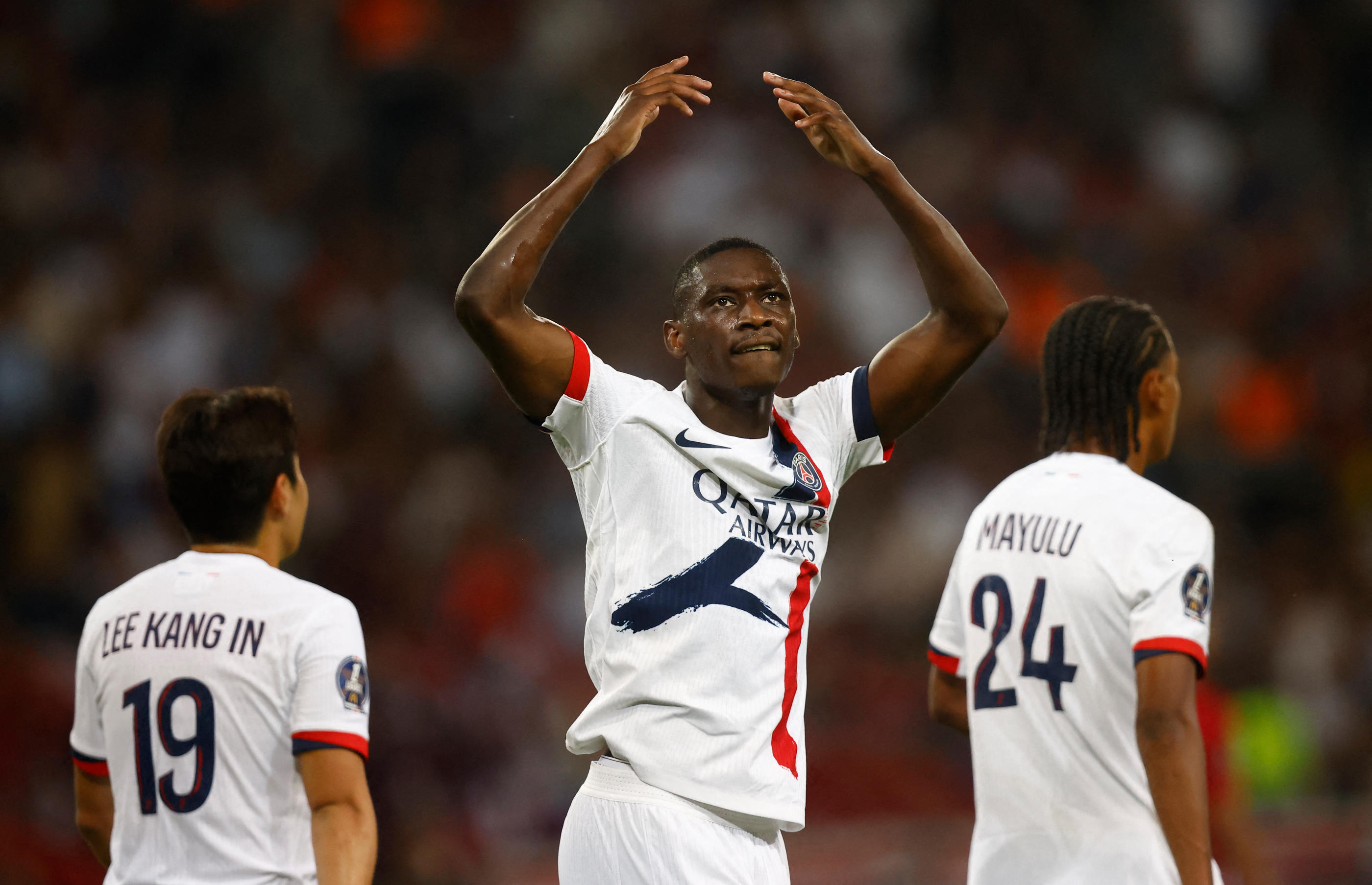 Randal Kolo Muani a inscrit le 3e but parisien dans le temps additionnel ce dimanche lors de la victoire du PSG contre Lille. REUTERS/Johanna Geron