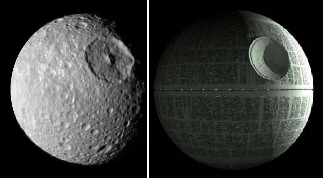 Mimas (à gauche), vue par la sonde Cassini, et l'Étoile de la mort de « Star Wars ». Nasa-Disney/ Lucasfilm
