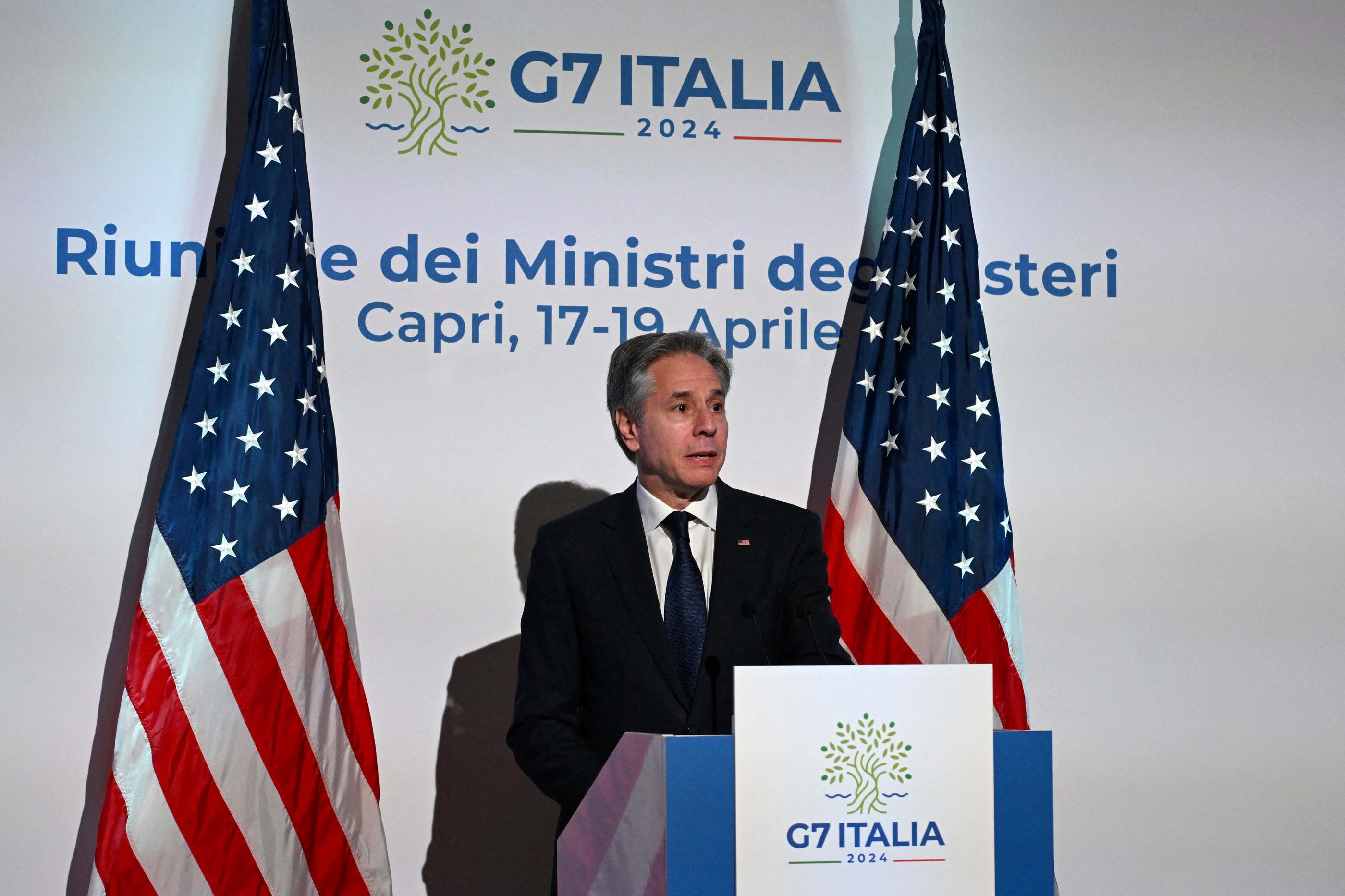 Au G7, Antony Blinken a assuré que les Etats-Unis n'étaient pas impliqués dans les frappes de l'Iran par Israël. AFP/ Tiziana FABI
