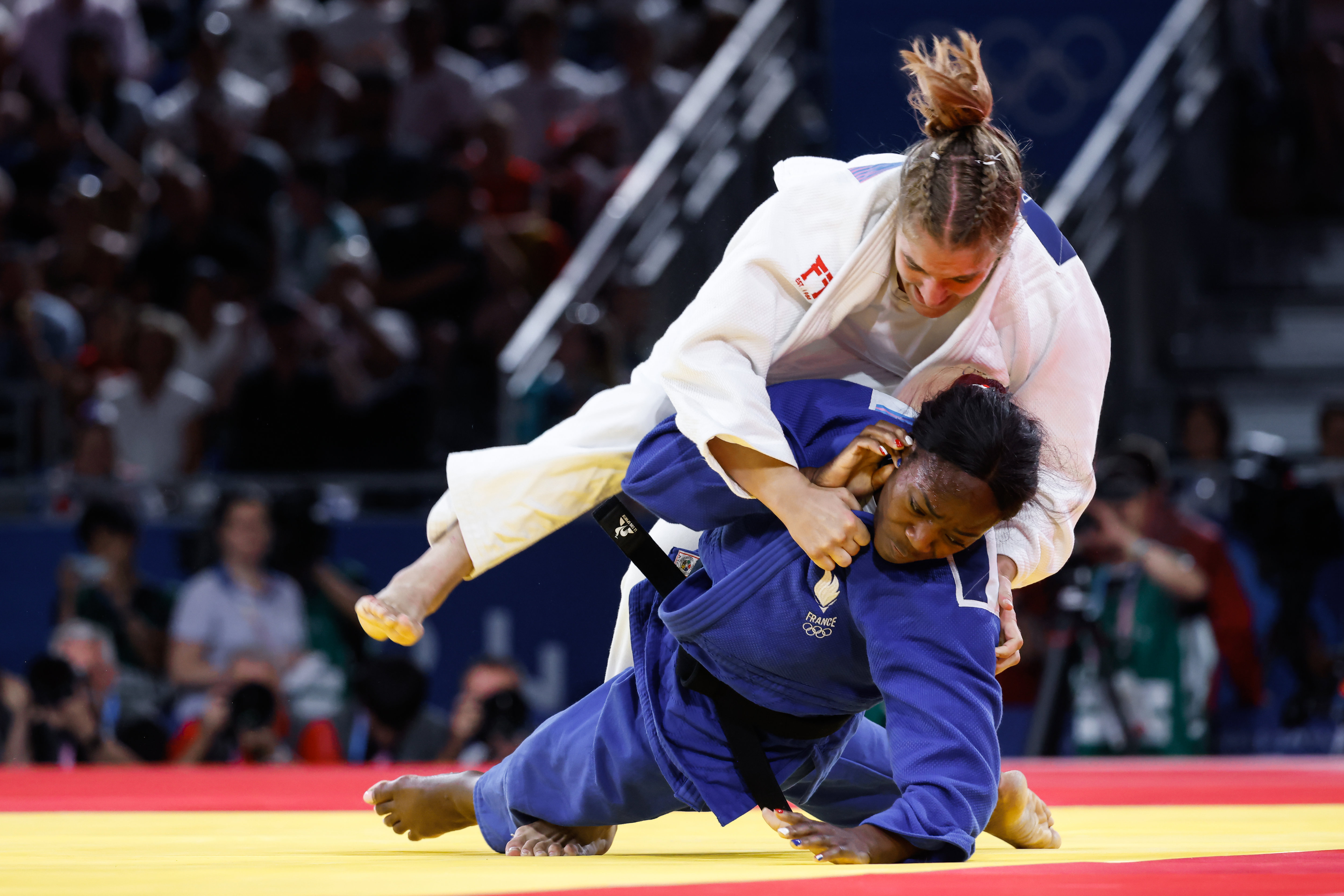 Paris, Champ-de-Mars Arena, mardi 30 juillet 2024. La judokate française Clarisse Agbégnénou doit se contenter du bronze olympique. LP / Olivier Corsan