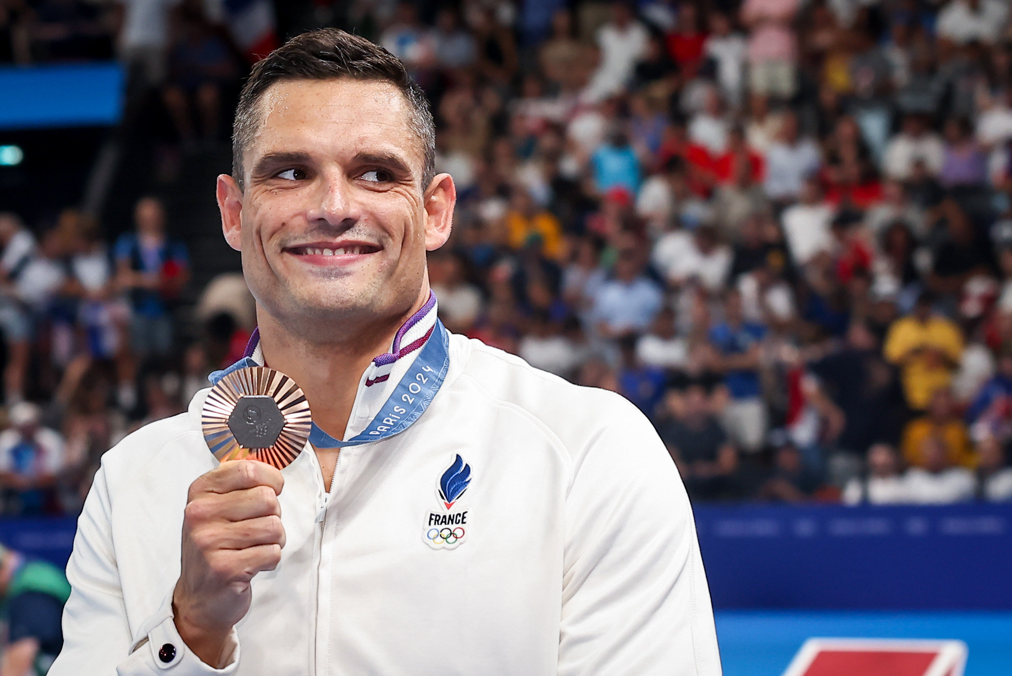 Médaillé de bronze sur le 50m nage libre et le relais 4x100 m quatre nages, Florent Manaudou est désormais quintuple médaillé olympique. LP / Fred Dugit