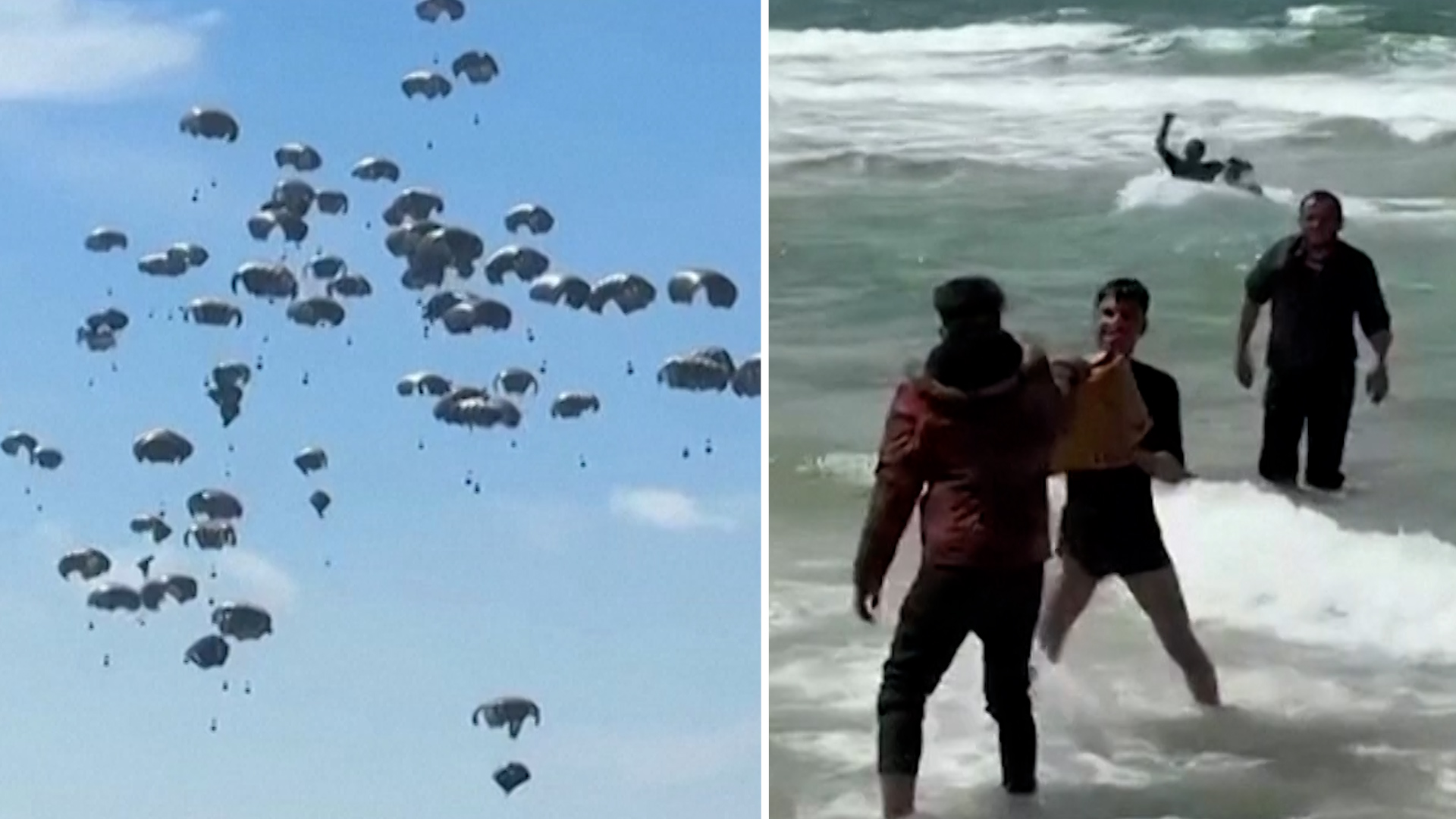 Des Gazaouis récupèrent des colis humanitaires parachutés à la nage.