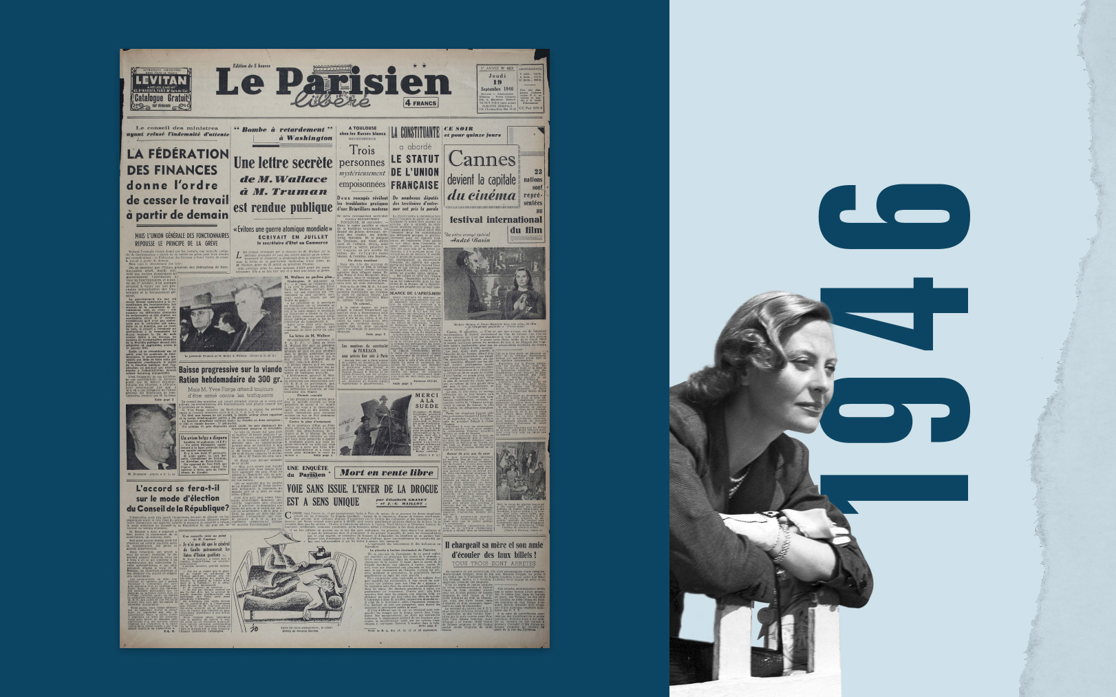 Pour sa la première édition du festival, Le Parisien titre sur sa Une du 19 septembre 1946 «Cannes devient la capitale du cinéma» au milieu des nouvelles d'après-guerre. DA/LIDO/SIPA