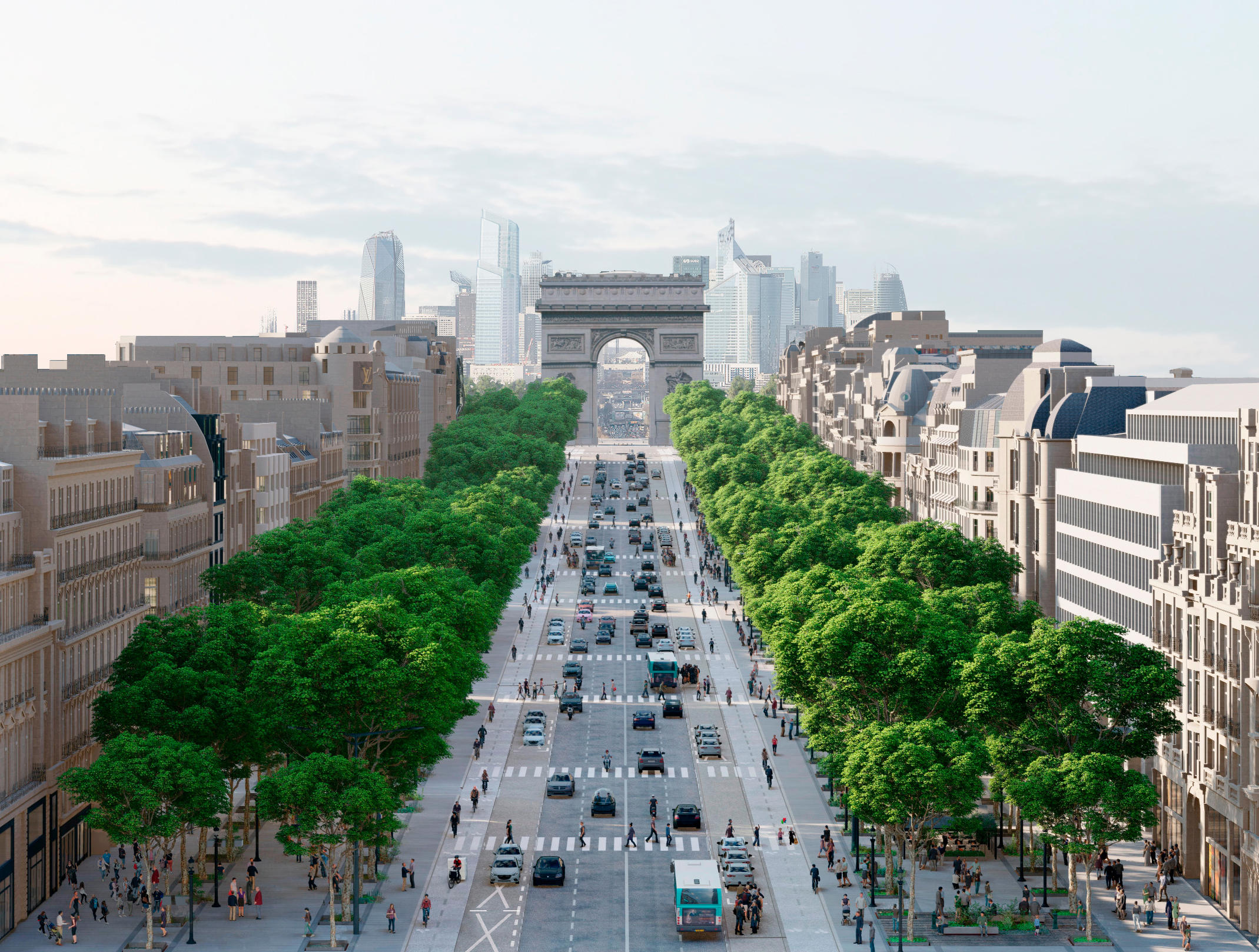 Aux Champs-Élysées, à Paris, des traversées piétonnes ont été créées, des pistes cyclables et des voies pour véhicules électriques sont à venir. PCA Stream