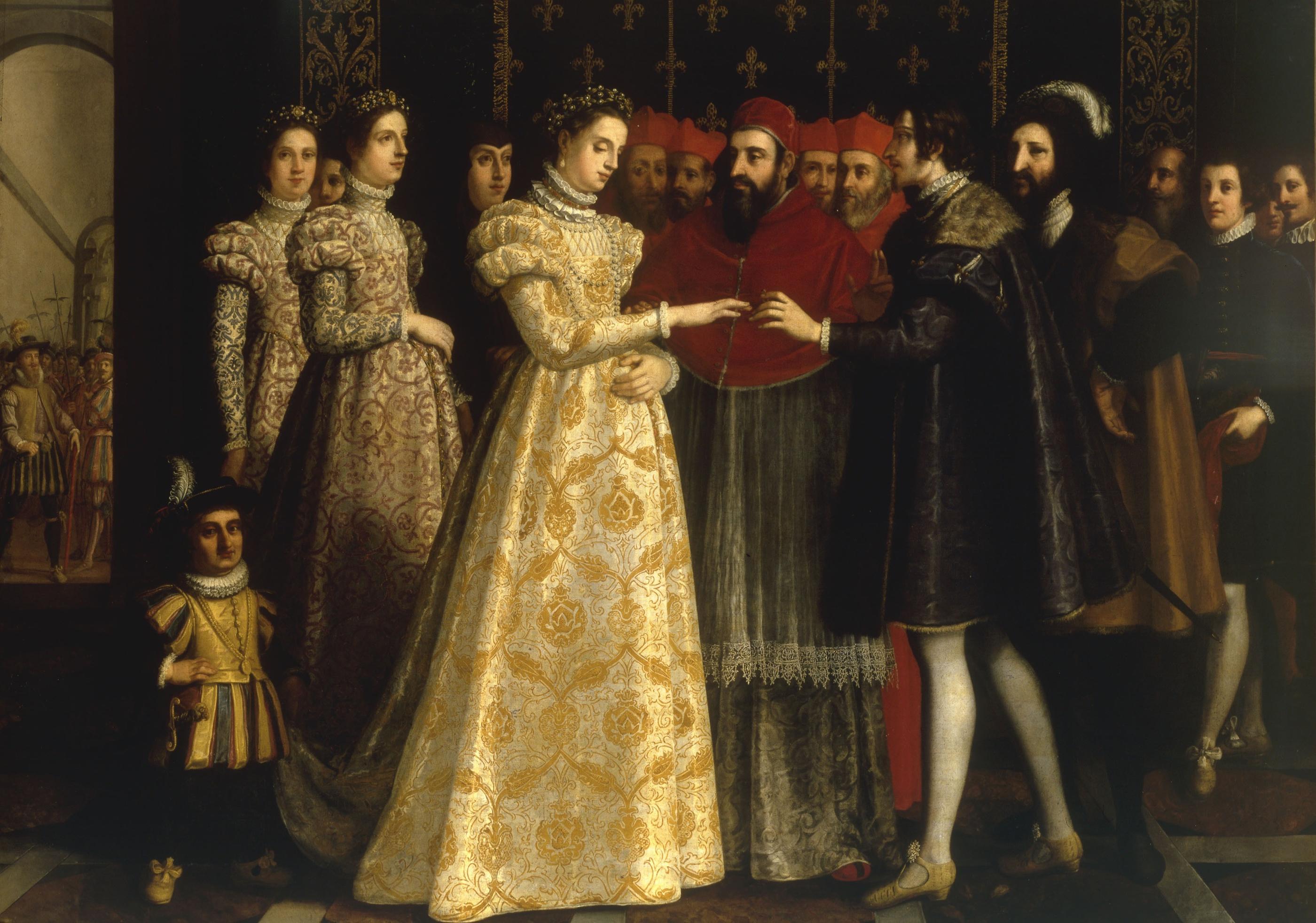 Le mariage de Catherine de Médicis et Henri, duc d'Orléans, 14 ans chacun, a été prononcé par le pape Clément VII le 28 octobre 1533 à Marseille. Huile sur toile, v. 1627, de Francesco Bianchi Bonavita (1603-1658). Sotheby's/akg-images
