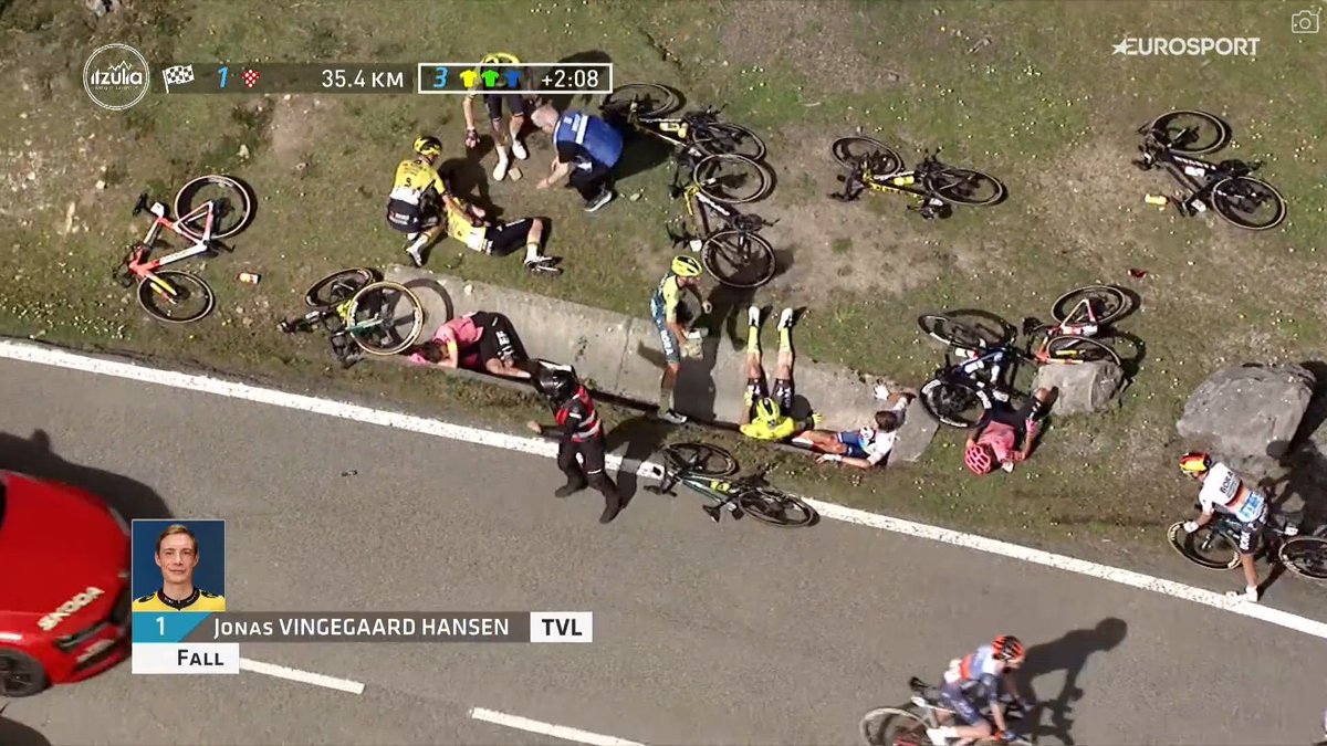 Plusieurs favoris du Tour du Pays basque, mais aussi du prochain Tour de France ont été impliqués dans la chute, dont Jonas Vingegaard. Capture d'écran/Eurosport