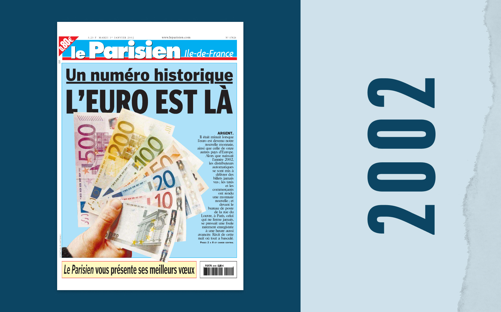 Le 1er janvier 2002, les lecteurs découvrent le nouveau prix du Parisien : 0,80 euro, contre 5,20 francs le 31 décembre 2001. Le Parisien-DA