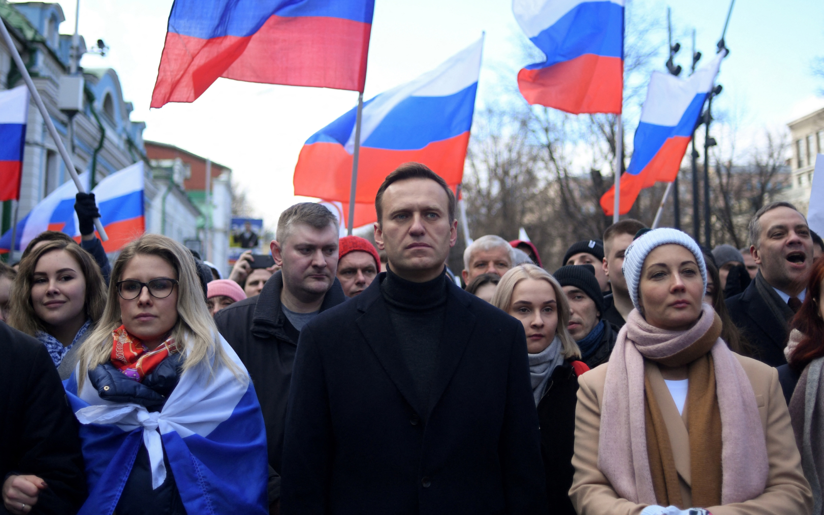 Alexeï Navalny et sa femme Ioulia, lors d’une marche en l’honneur de l’opposant Boris Nemtsov à Moscou, le 29 février 2020. AFP/Kirill Kudryavtsev