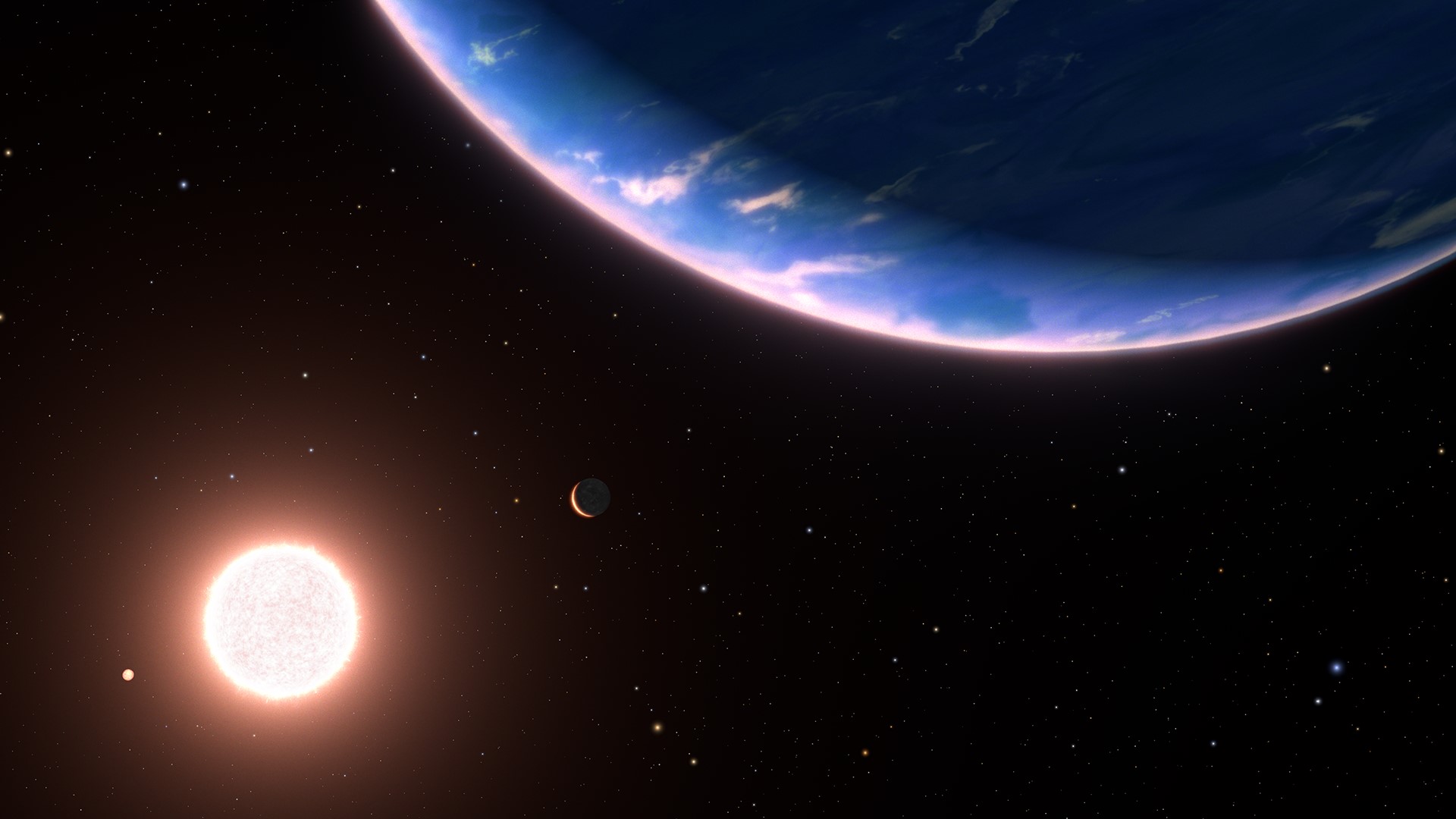 Vue d'artiste de la planète GJ 9827d (en haut) avec son étoile. NASA/ESA/Leah Hustak (STScI)/Ralf Crawford (STScI)