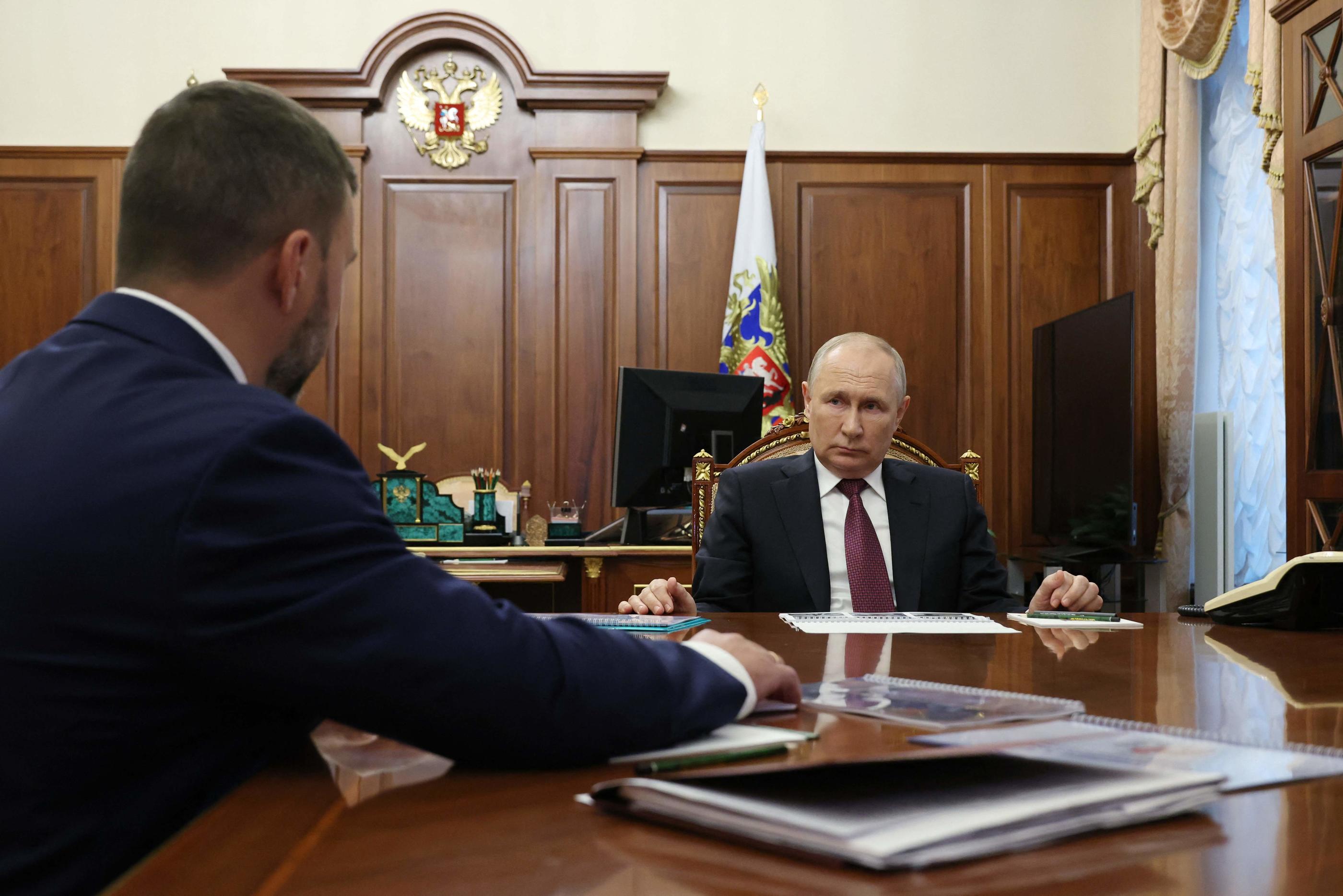 Vladimir Poutine le 24 août 2023, au lendemain du décès d'Evgueni Prigojine. AFP/Mikhail Klimentyev