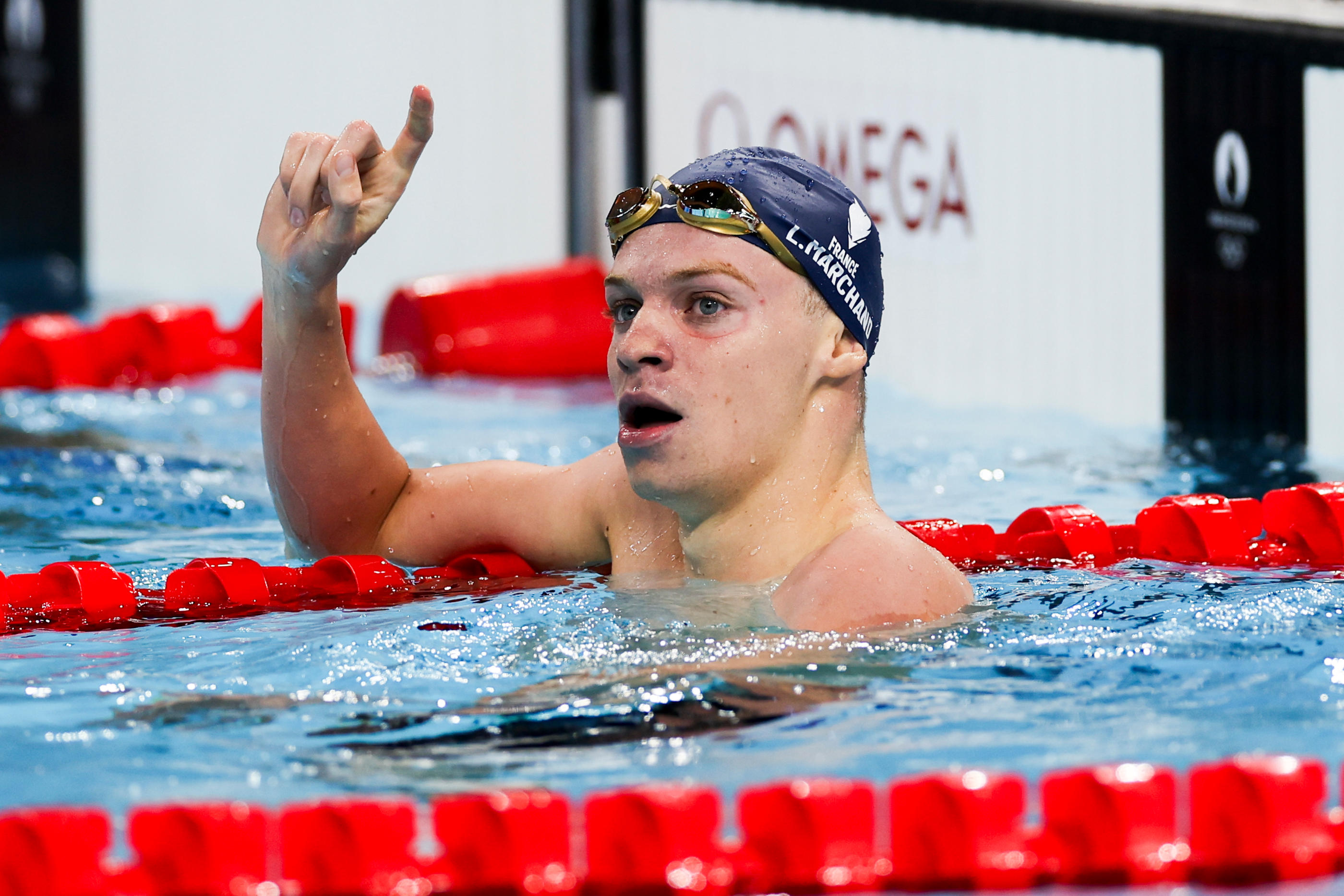 Winner Leon Marchand of France  during the Swimming Men's 200m Butterfly Final on Day 5 of the Olympic Games Paris 2024 at Paris La Defense Arena on July 31, 2024 in Nanterre, France.  (Photo by Henk Jan Dijks/Marcel ter Bals/DeFodi Images) 