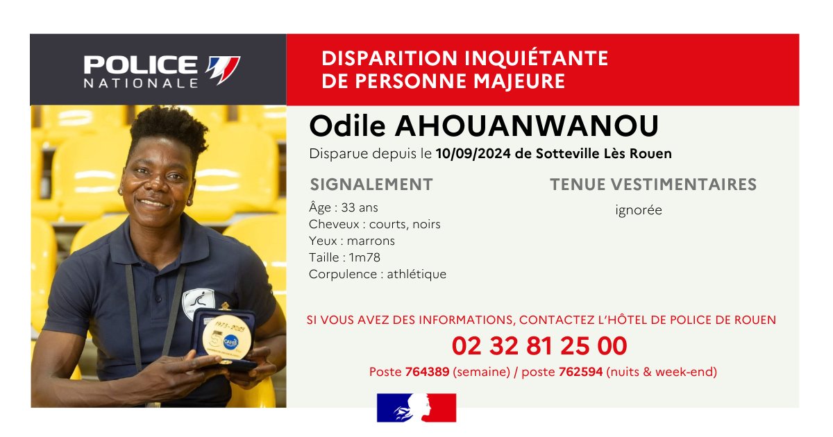 La police a lancé mardi un appel à témoins après la disparition de l'athlète béninoise Odile Ahouanwanou, spécialiste de l'heptathlon, qui n'a plus été revue depuis le 10 septembre près de Rouen.