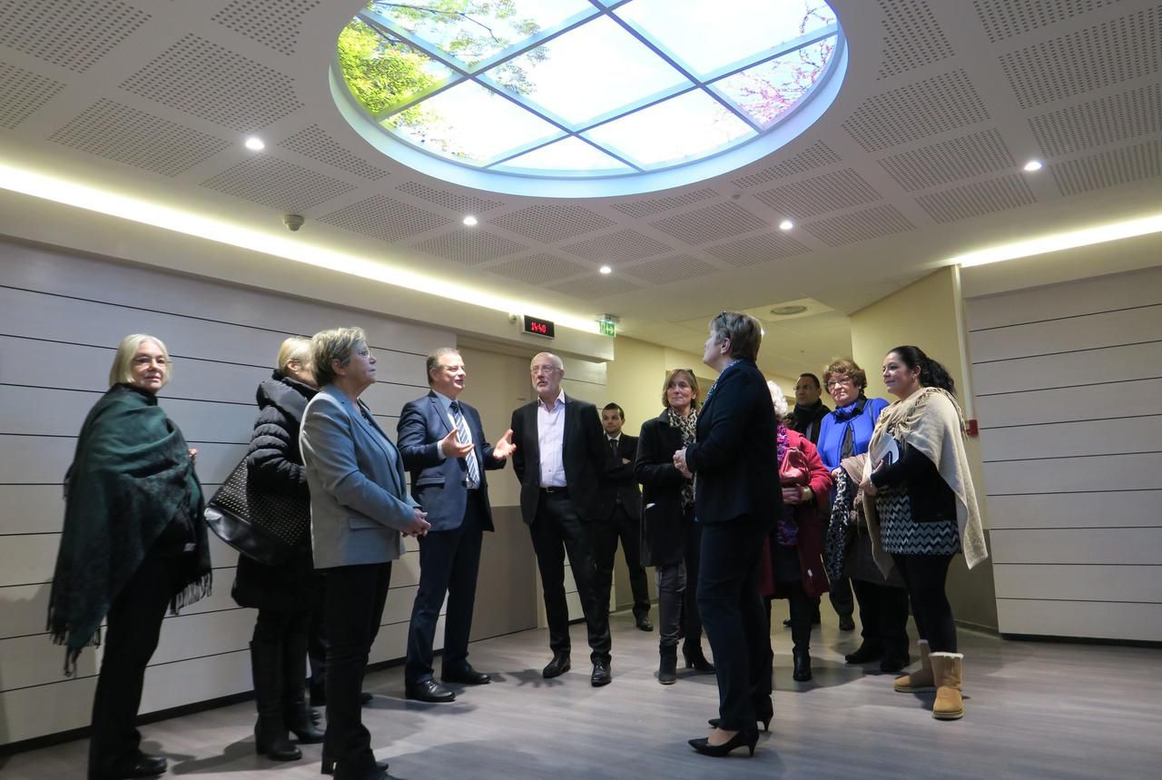 <b></b> Brie-Comte-Robert, mardi 9 janvier. Dominique Peljak (veste bleue), directeur du Groupe hospitalier sud Ile-de-France, fait visiter l’unité de gériatrie de quarante lits entièrement rénovée, comme ici dans ce salon au plafond lumineux. 