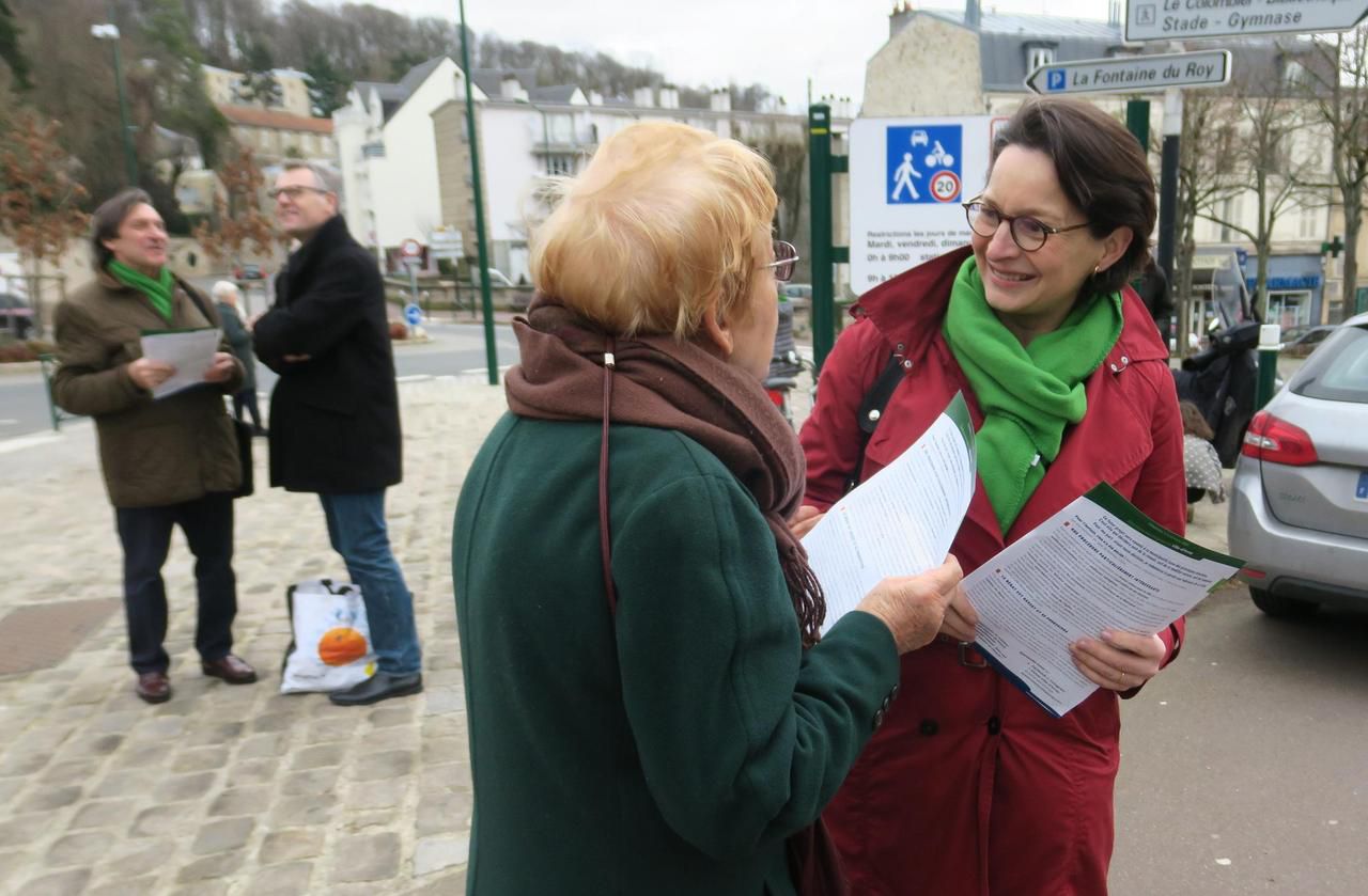 <b></b> Ville-d’Avray, le 16 février 2020. Aline de Marcillac, maire sortante (SE) en campagne sur le marché pour sa réélection.