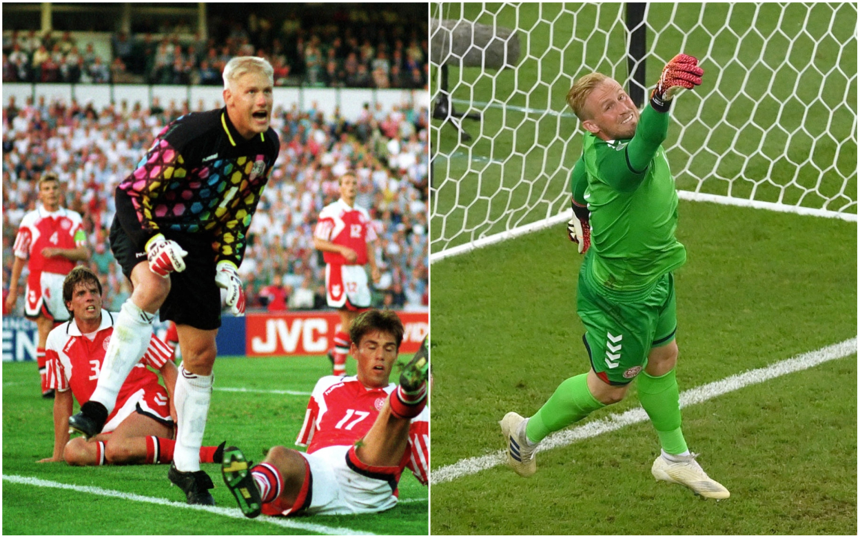 Dix-neuf ans après la victoire du Danemark, dont le but était gardé par Peter Schmeichel (à gauche), c'est aujourd'hui son fils, Kasper, né en 1986, qui conserve la cage danoise. Action Images / Sporting Pictures/Nick Kidd/Reuters/Dan Mullan