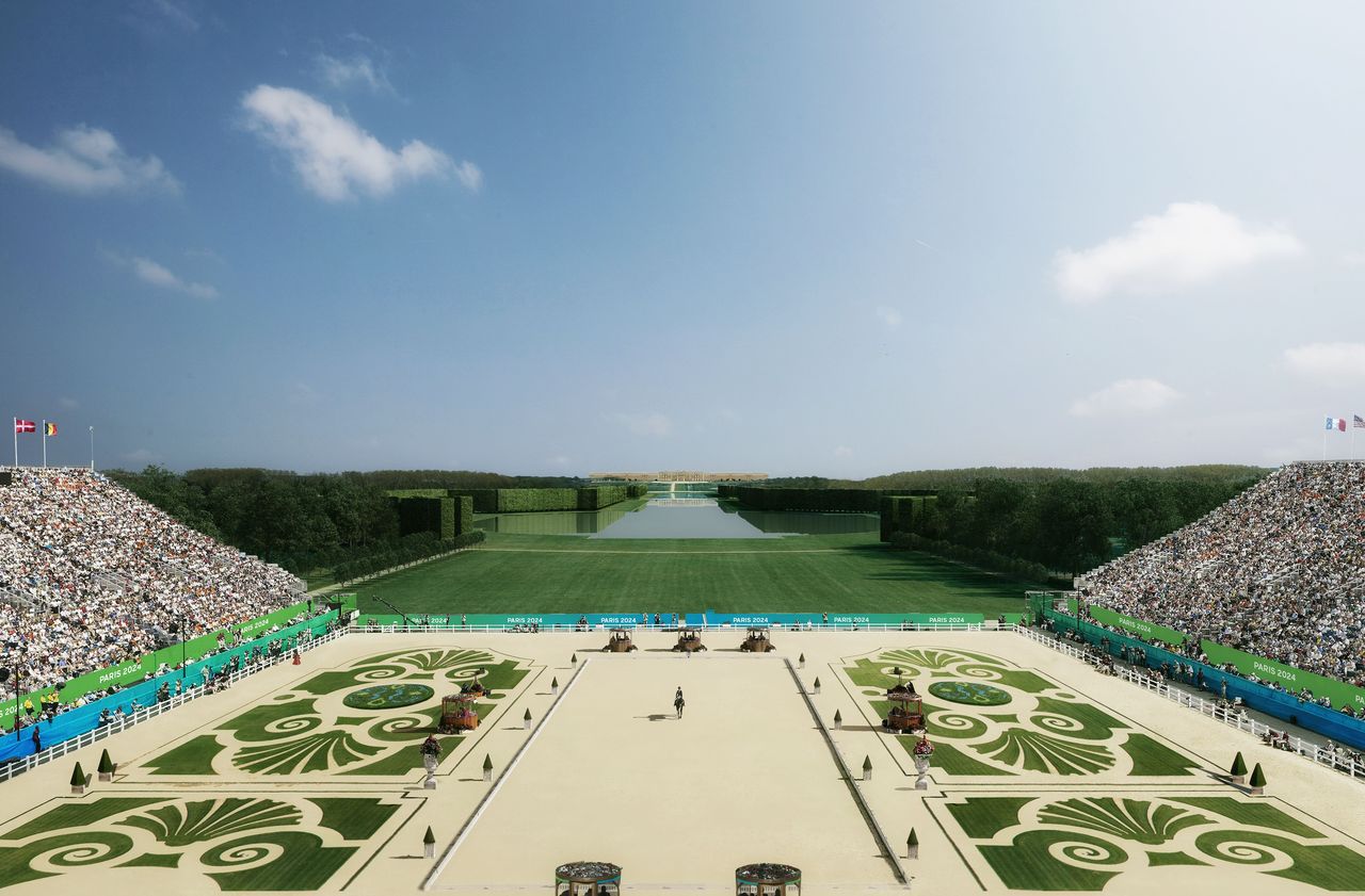<b></b> Sur cette simulation, le parc du château de Versailles bien connu des touristes du monde entier accueillerait les épreuves équestres. 