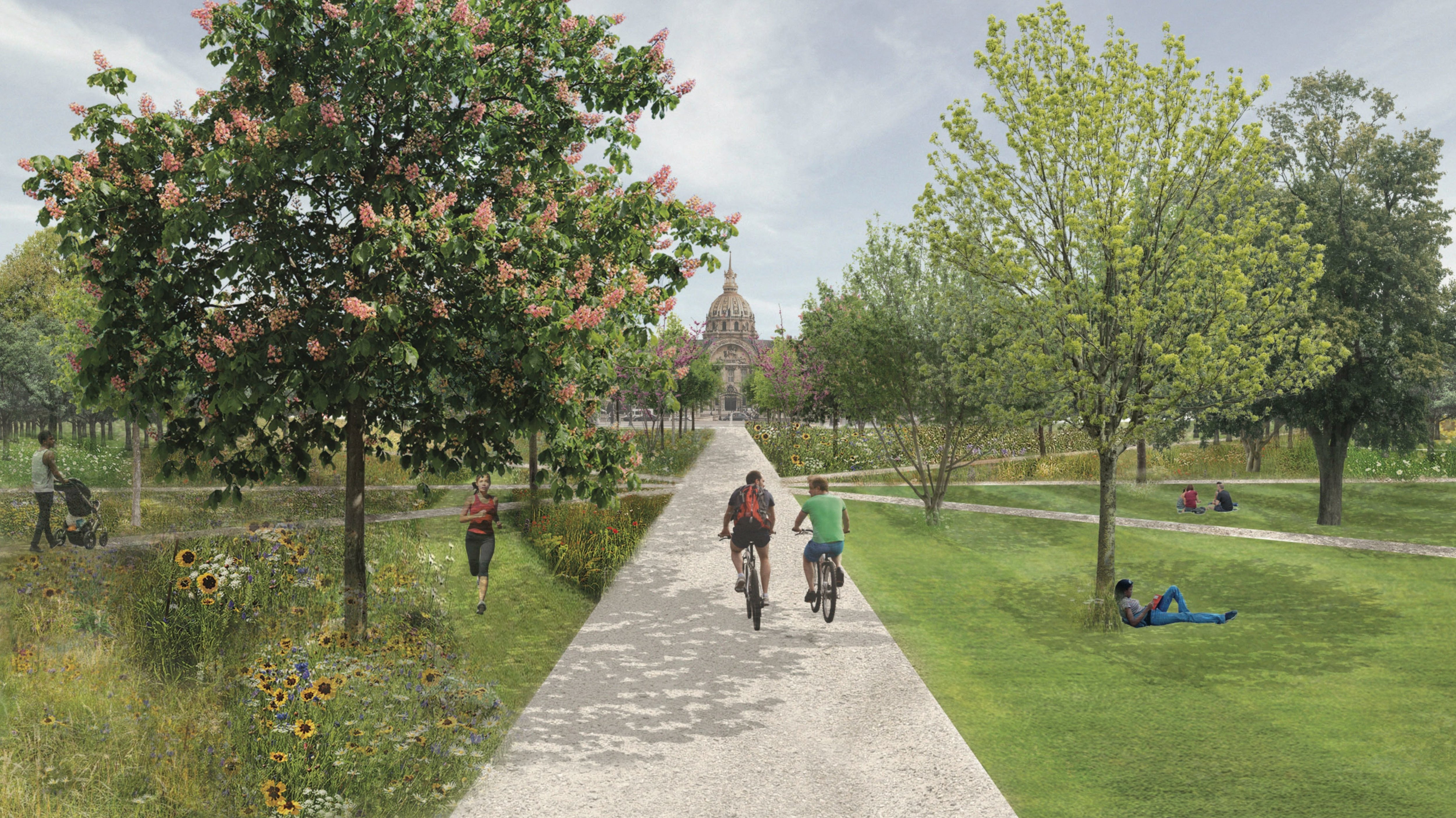 Roxanne Gardner, une étudiante de l'université américaine Harvard, a proposé de planter différentes espèces d'arbres sur la pelouse des Invalides, tout en respectant la perspective sur le monument. GSD Harvard/Roxanne Gardner