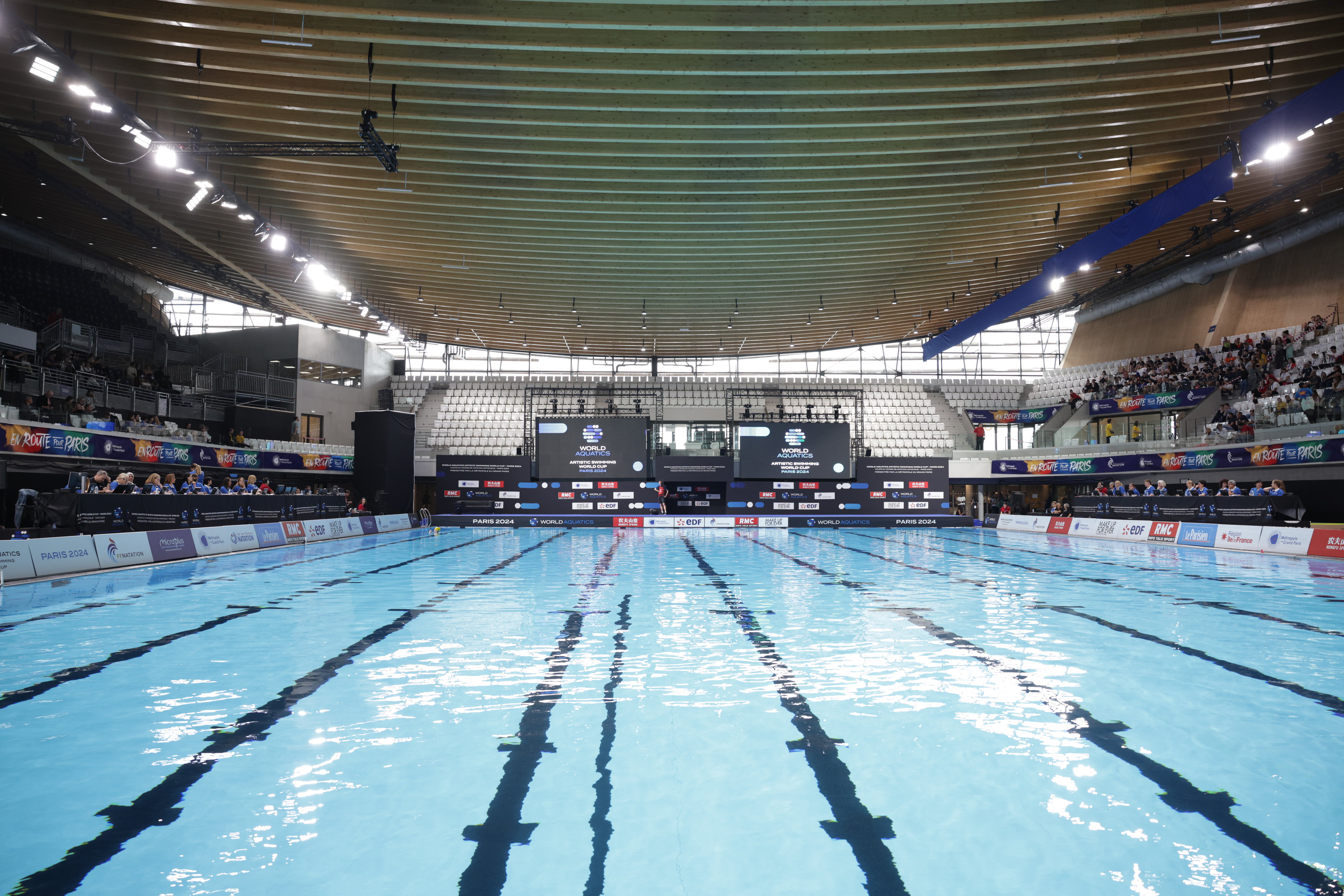 Pour la première fois, le Final Four du Championnat de France de water-polo se déroule ce mardi et mercredi au Centre aquatique olympique à Saint-Denis. LP/Olivier Arandel