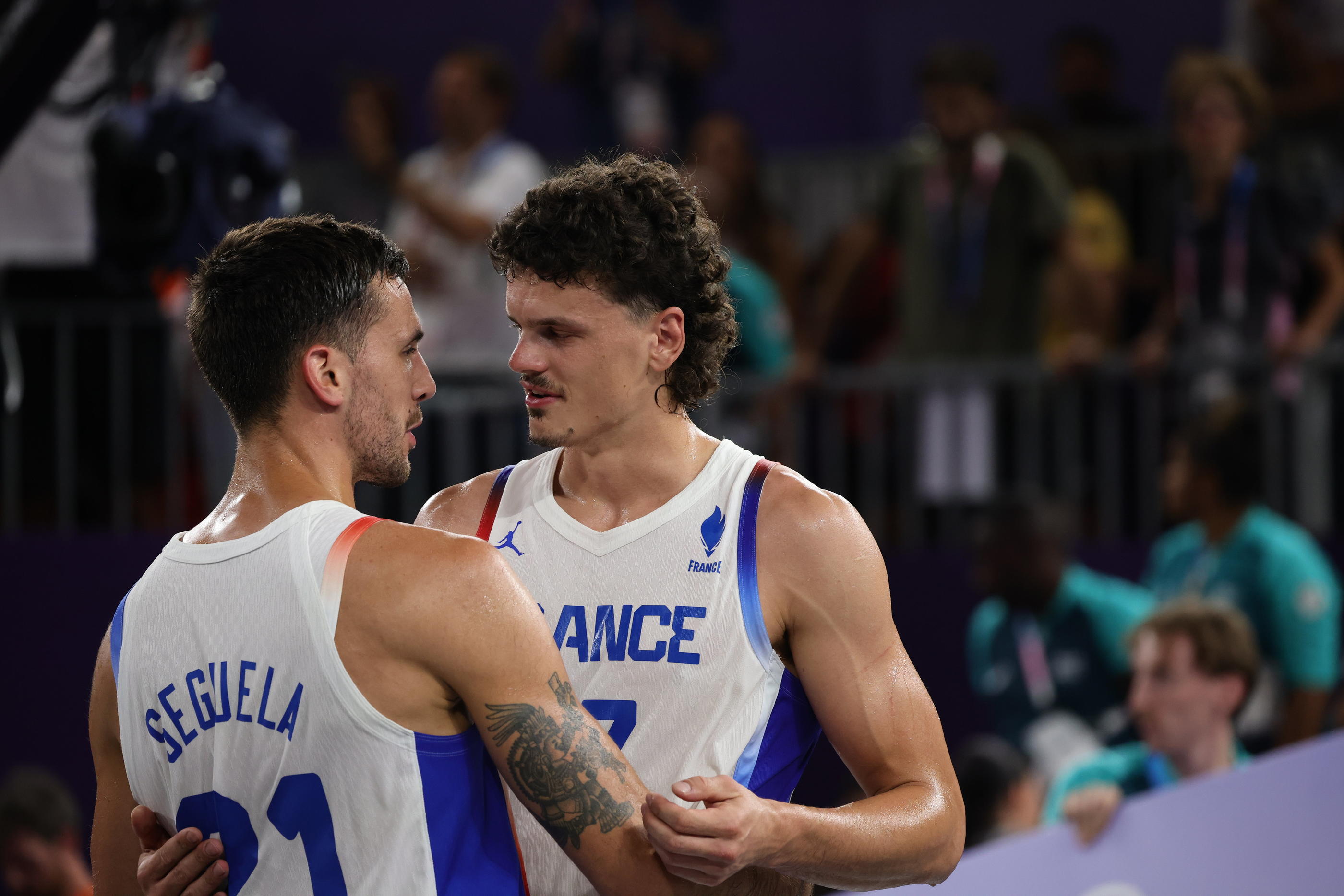 Franck Seguela (élu MVP) et Jules Rambaut, ici lors des JO Paris 2024, ont remporté le Masters de Lausanne avec 3x3 Paris, samedi. LP/Olivier Arandel