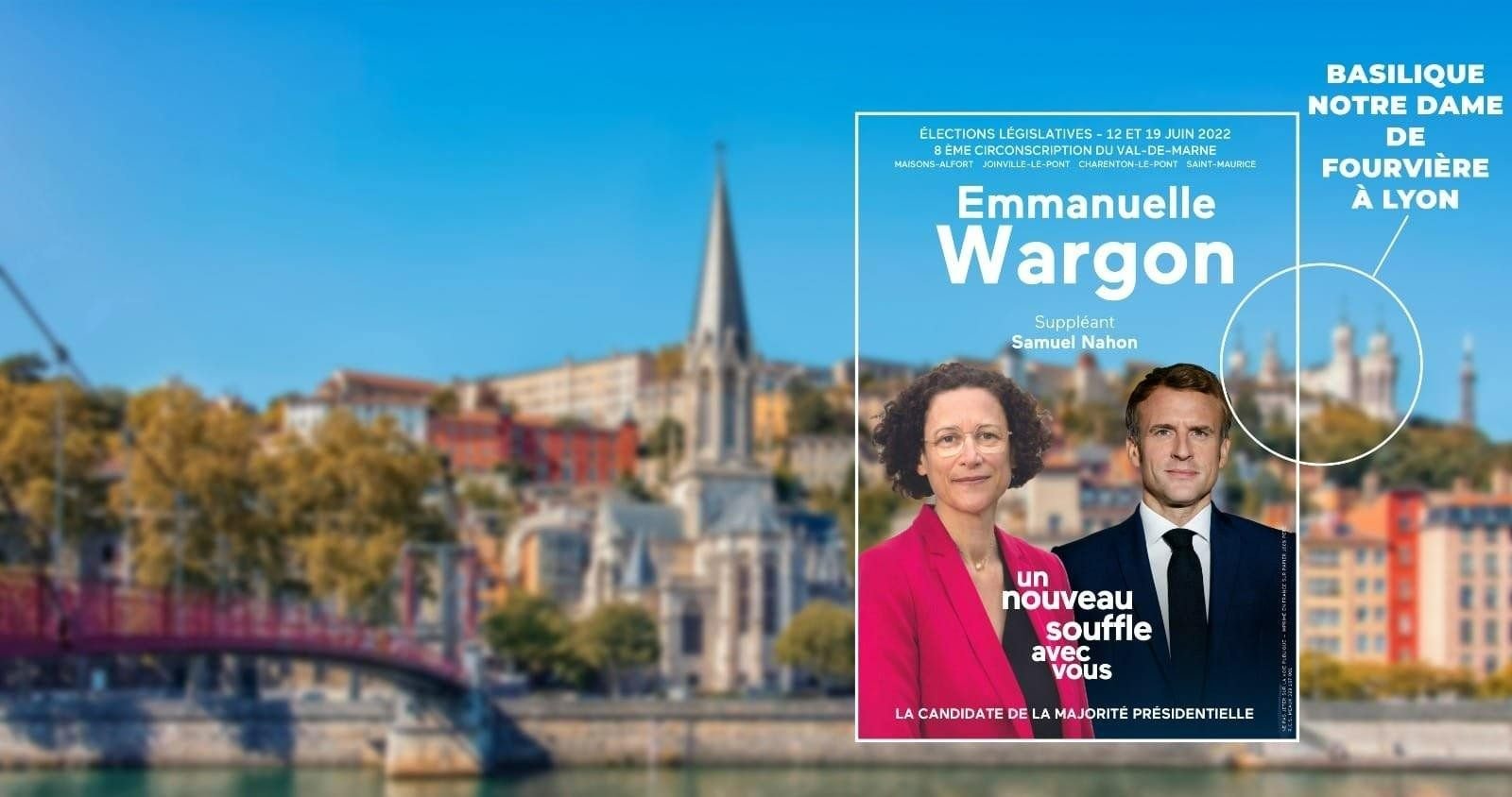 L'entourage du député sortant Michel Herbillon (LR) a réalisé un montage pour montrer que l'affiche de campagne d'Emmanuelle Wargon est faite avec une photo de la ville de Lyon et non d'un lieu de la 8e circonscription. DR.