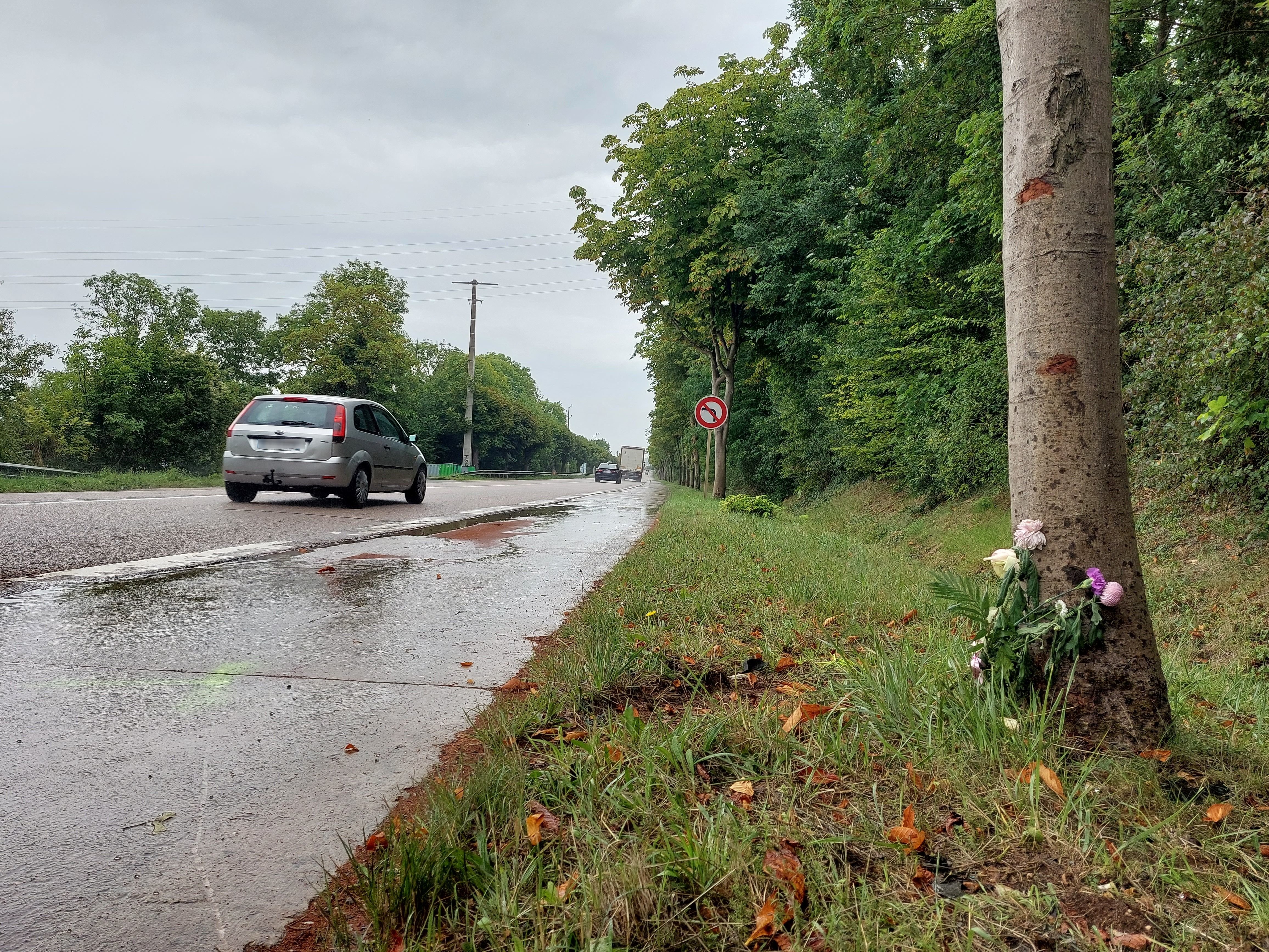 Mézières-sur-Seine (Yvelines), ce lundi. Quelques fleurs ont été déposées sur les lieux de l'accident qui a coûté la vie à deux passagers du bus vendredi 28 juillet. LP/Julie Ménard