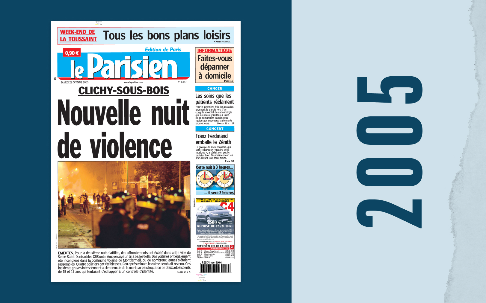 «Nouvelle nuit de violence» à Clichy-sous-Bois, titre Le Parisien en ce 29 octobre 2005. Trois semaines durant, les violences nocturnes vont s’étendre progressivement au pays entier. Le Parisien-DA