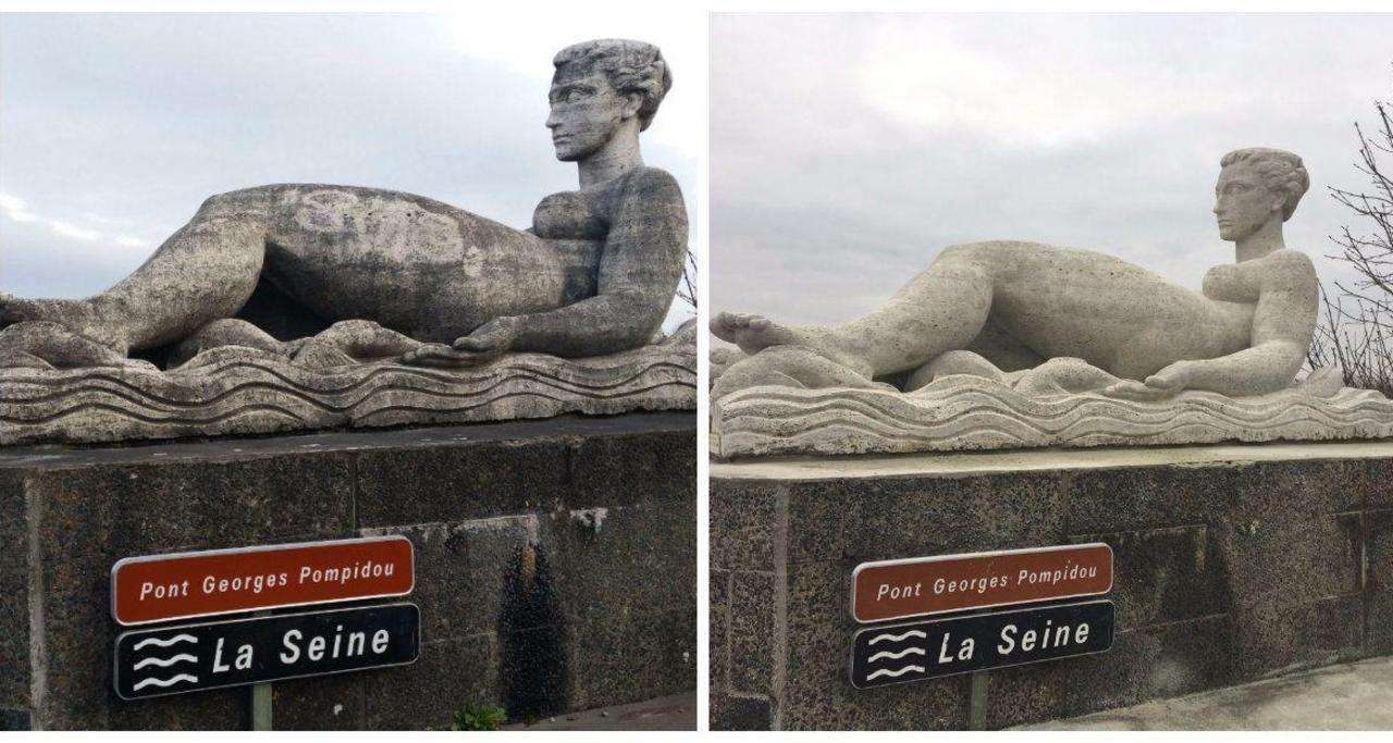 <b></b> Le Pecq. Les statues du pont, avant et après leur restauration.