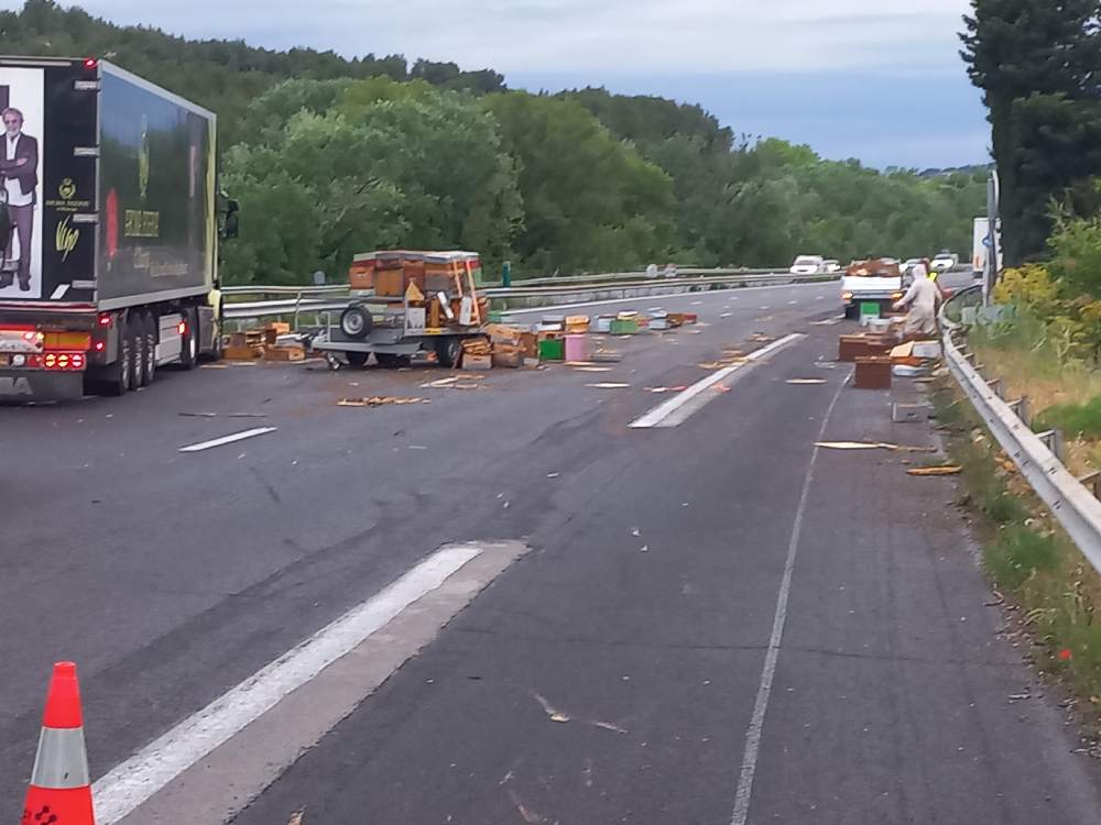 Des ruches sont tombées sur la chaussée de l'autoroute A7 dans les Bouches-du-Rhône, ce lundi 6 mai. Photo Twitter/Autoroute A7