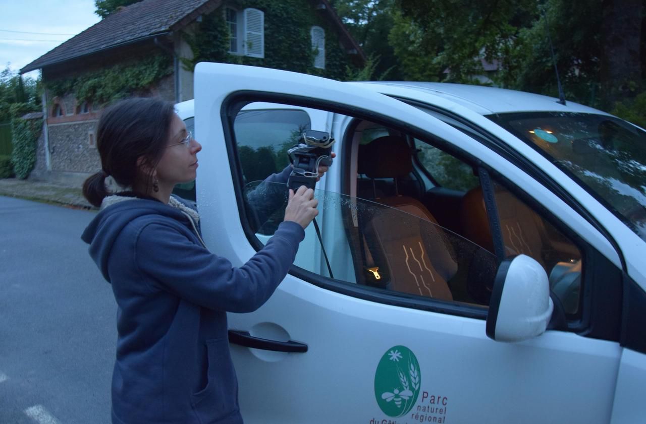 <b></b> Chamarande, le 29 juillet. Julie Maratrat, technicienne des milieux naturels au parc du Gâtinais, effectue des circuits « vigie-chiro » pour un travail de suivi des chauves-souris. 