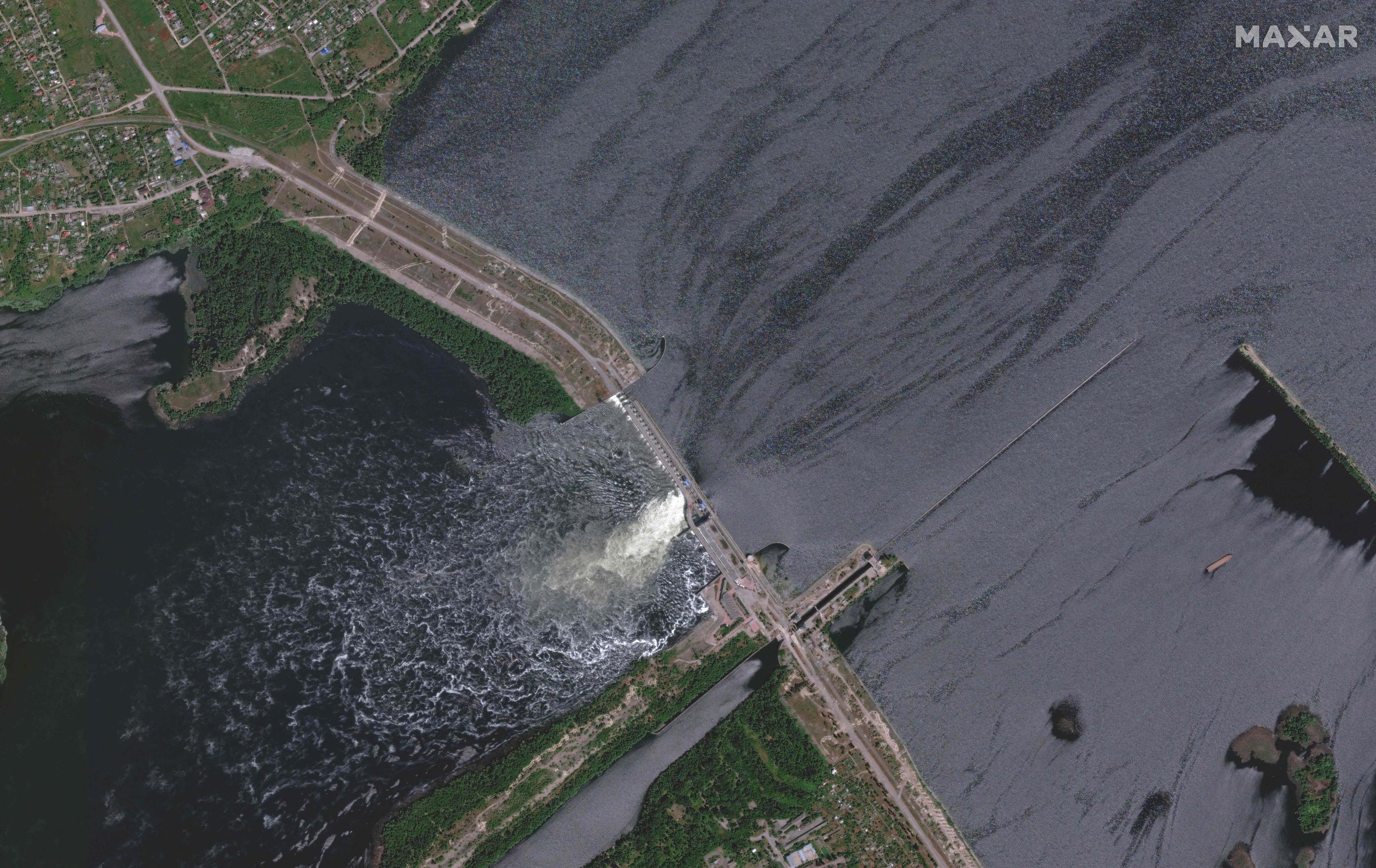 Aperçu du barrage de Nova Khakovka dans le sud de l'Ukraine, le 28 mai 2022. AFP/Satellite image 2023 Maxar Technologies