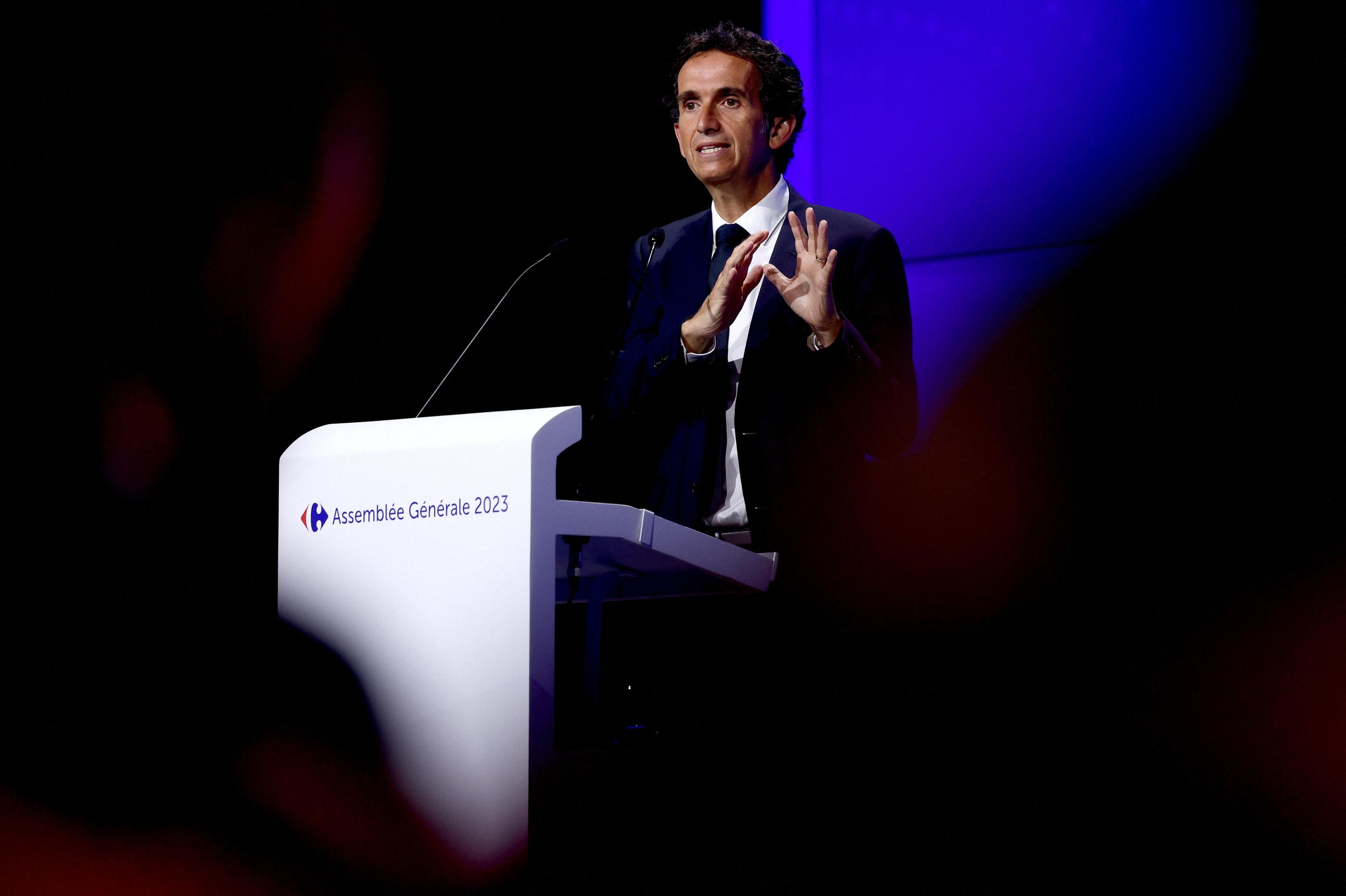 Le PDG du groupe Carrefour, Alexandre Bompard, lors d'une assemblée générale à Paris, le 26 mai. AFP/Thomas Samson