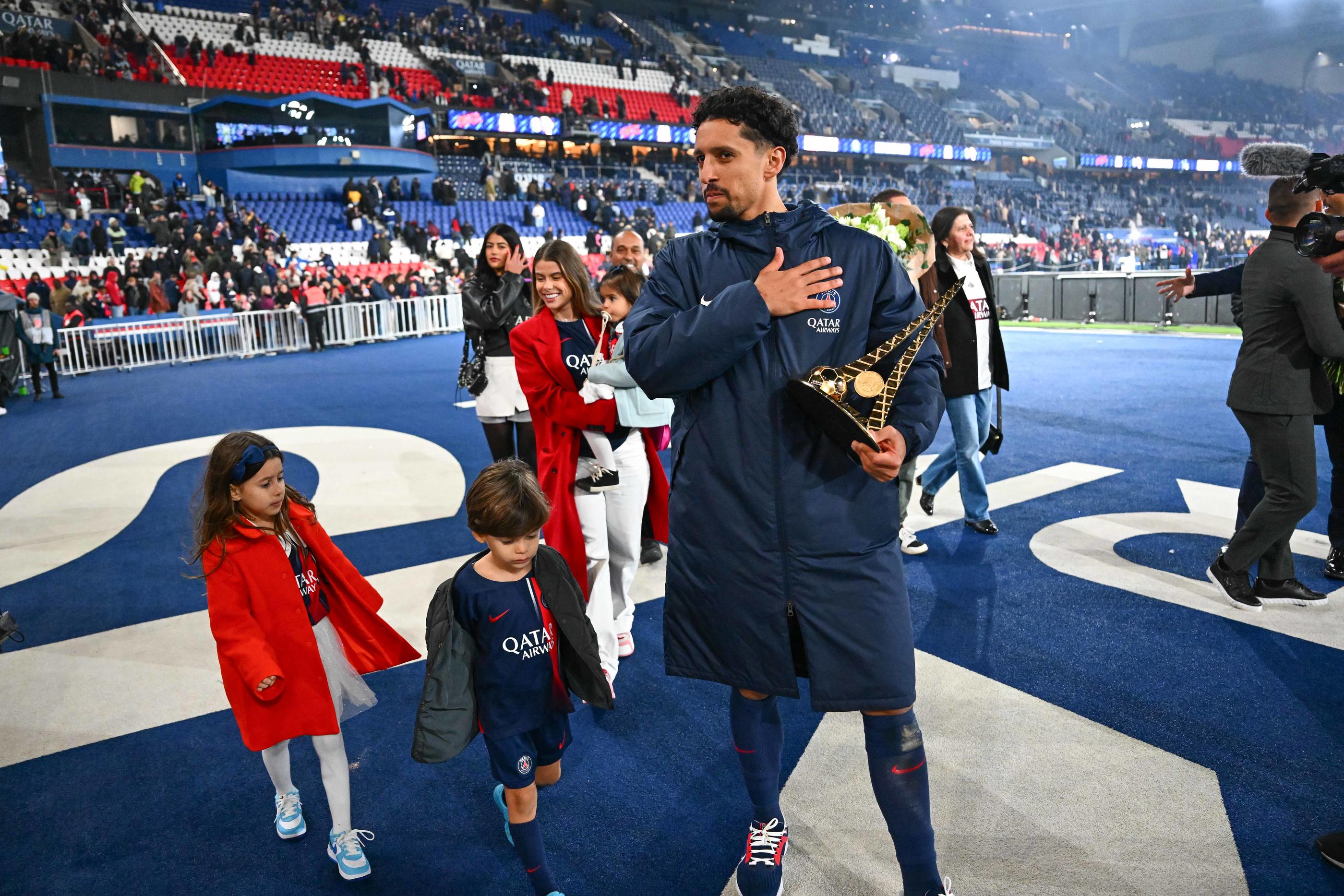 MARQUINHOS of PSG and his family during the Ligue 1 Uber Eats match between Paris and Lyon at Parc des Princes on April 21, 2024 in Paris, France.(Photo by Anthony Dibon/Icon Sport)