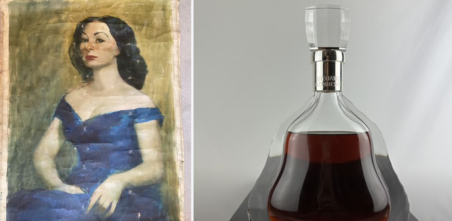 La vente des douanes de Roissy comprendra des produits remarquables comme ce tableau du peintre new-yorkais Nathan wasserbergerr et une bouteille de cognac 40% «Richard Hennessy» dans son coffret laqué et bouteille en cristal de Baccarat numéroté.