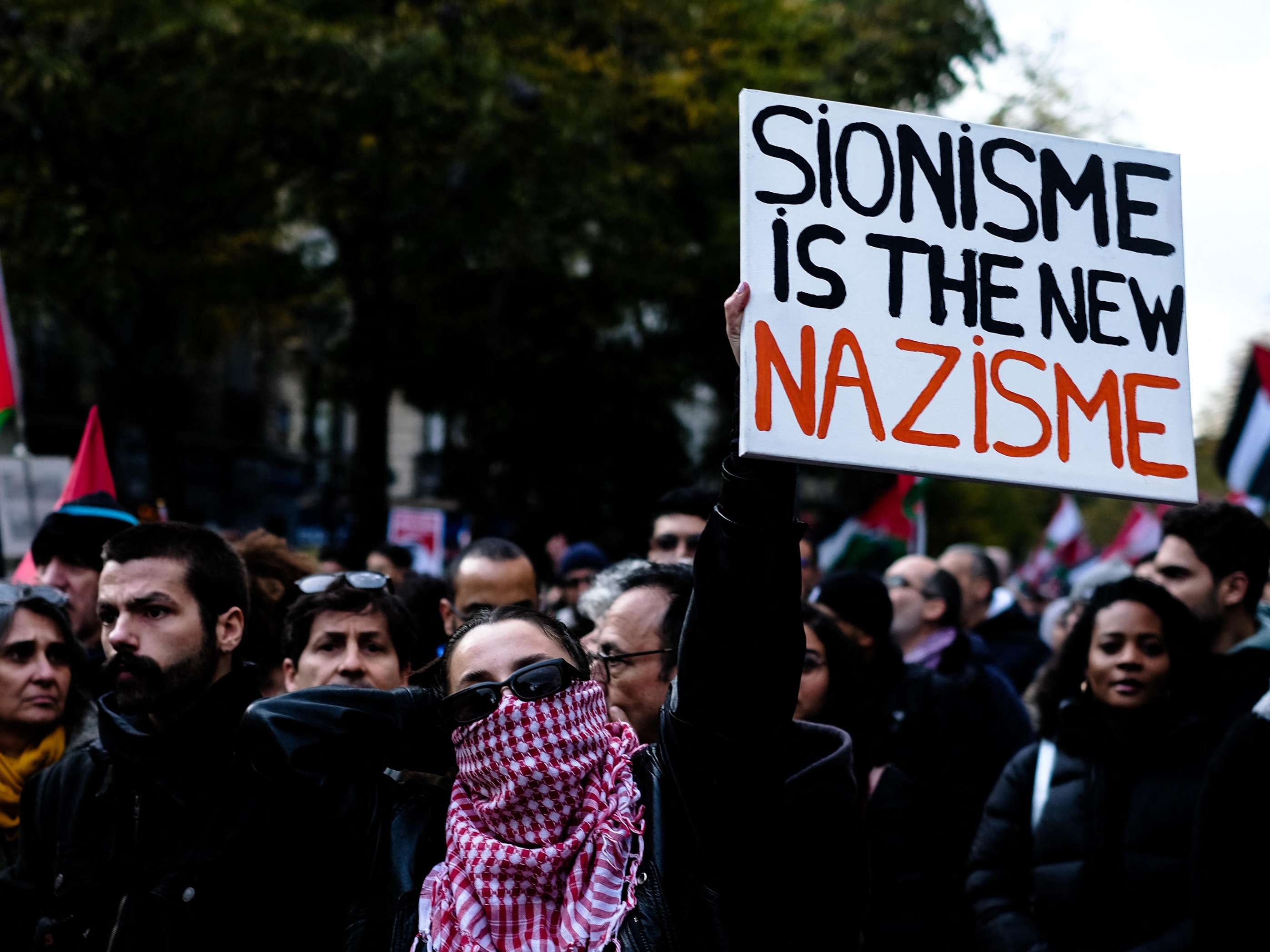 Une pancarte proclamant en anglais «le sionisme est le nouveau nazisme» brandie lors d'un rassemblement en soutien aux Palestiniens, le 11 novembre 2023, à Paris. Hans Lucas/Alexandre Bré