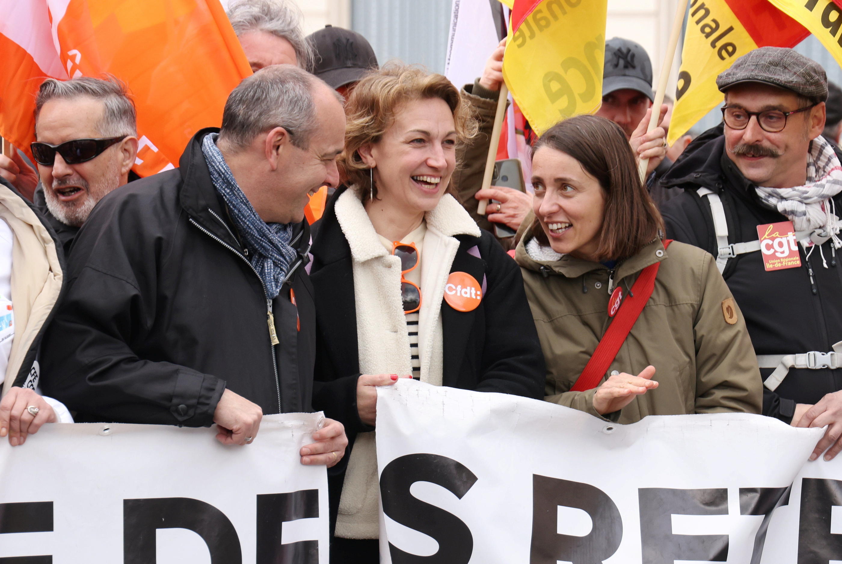 Les syndicats (ici Laurent Berger de la CFDT et Sophie Binet de la CGT, le 6 avril), qui d'ordinaire célèbrent la Fête du travail en ordre dispersé, vont défiler ensemble ce lundi. LP/Jean-Baptiste Quentin