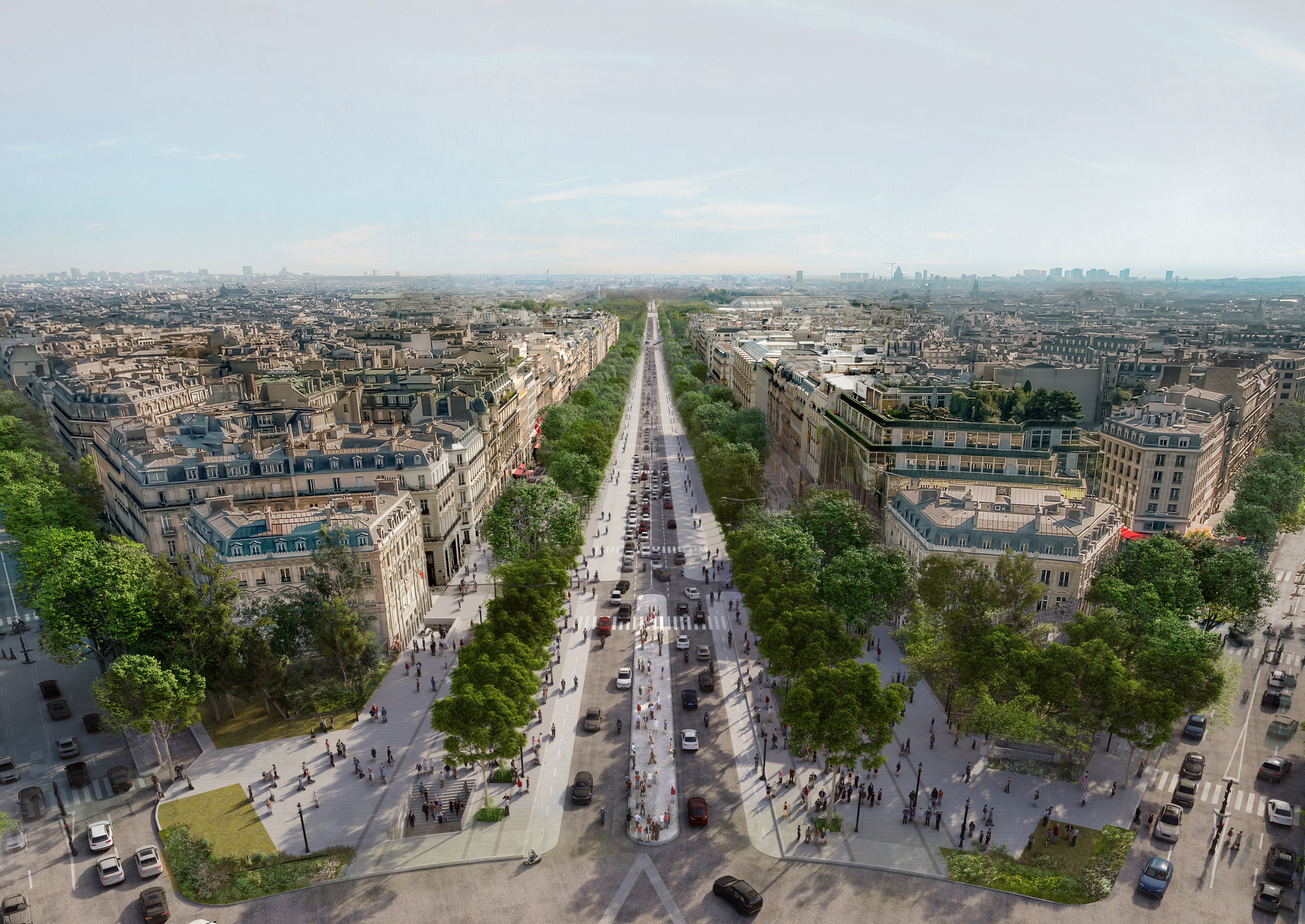 Le comité des Champs-Élysées a dévoilé ce lundi 27 mai une étude qui prévoit de nombreux aménagements pour redonner aux Parisiens l'envie d'arpenter l'avenue (Image de synthèse). DR/PCA-STREAM