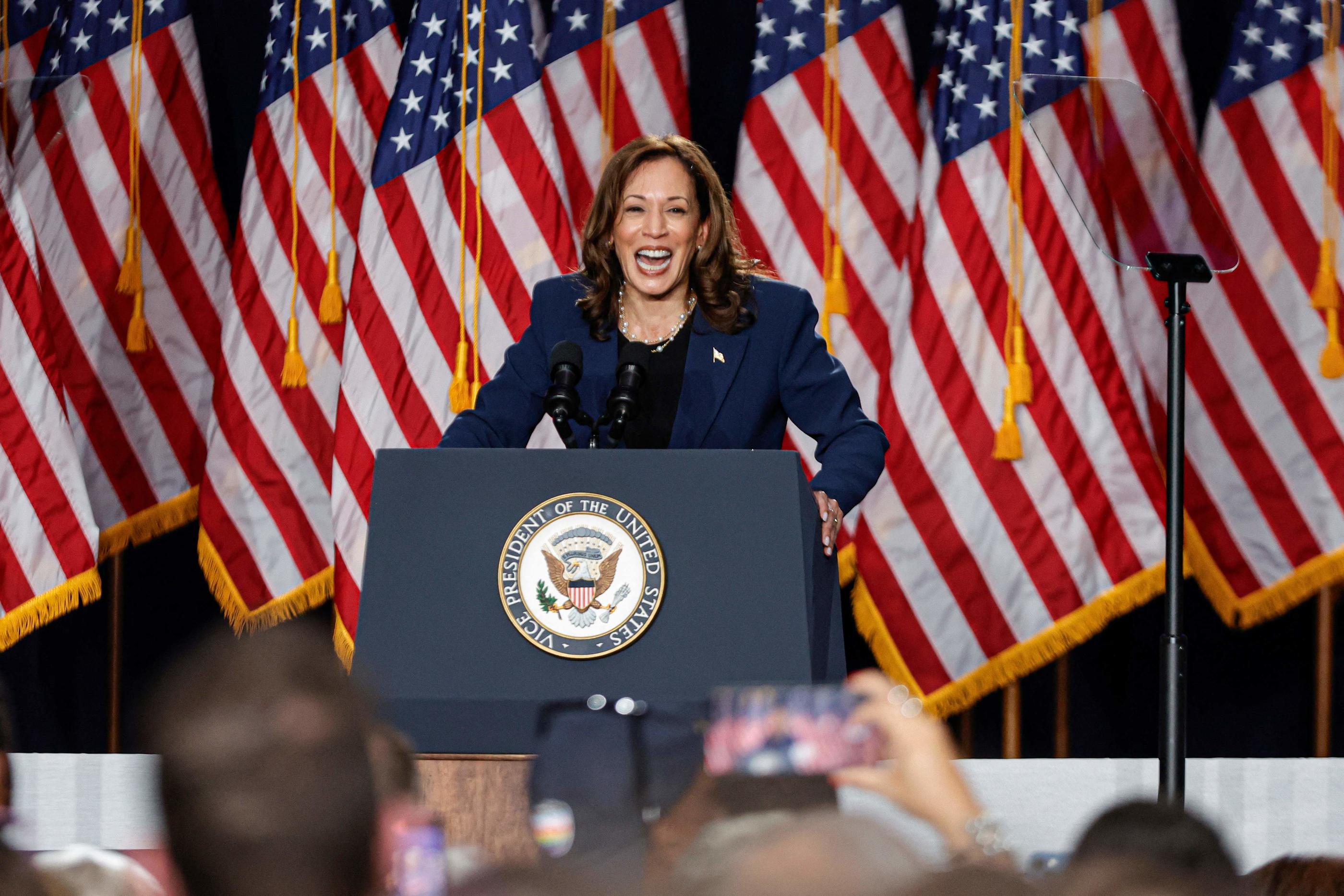 La vice-présidente Kamala Harris, candidate démocrate à la Maison Blanche, le 23 juillet 2024 dans le Wisconsin. AFP/KAMIL KRZACZYNSKI