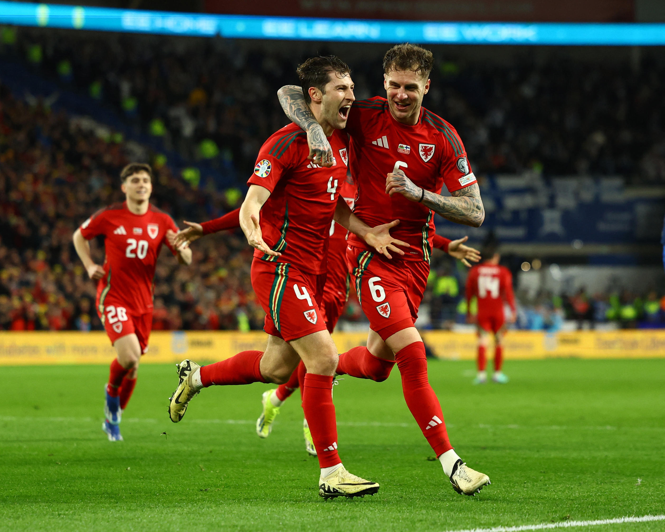 La sélection galloise a écrasé la Finlande (4-1), ce jeudi à Cardiff, en demi-finale des barrages de qualification à l'Euro 2024.  REUTERS/Molly Darlington