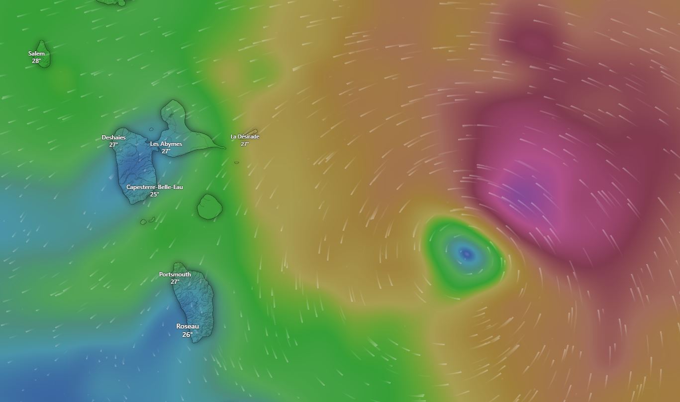 Cette carte de modélisation des vents montre Tammy aux abords de la Guadeloupe. Windy.com