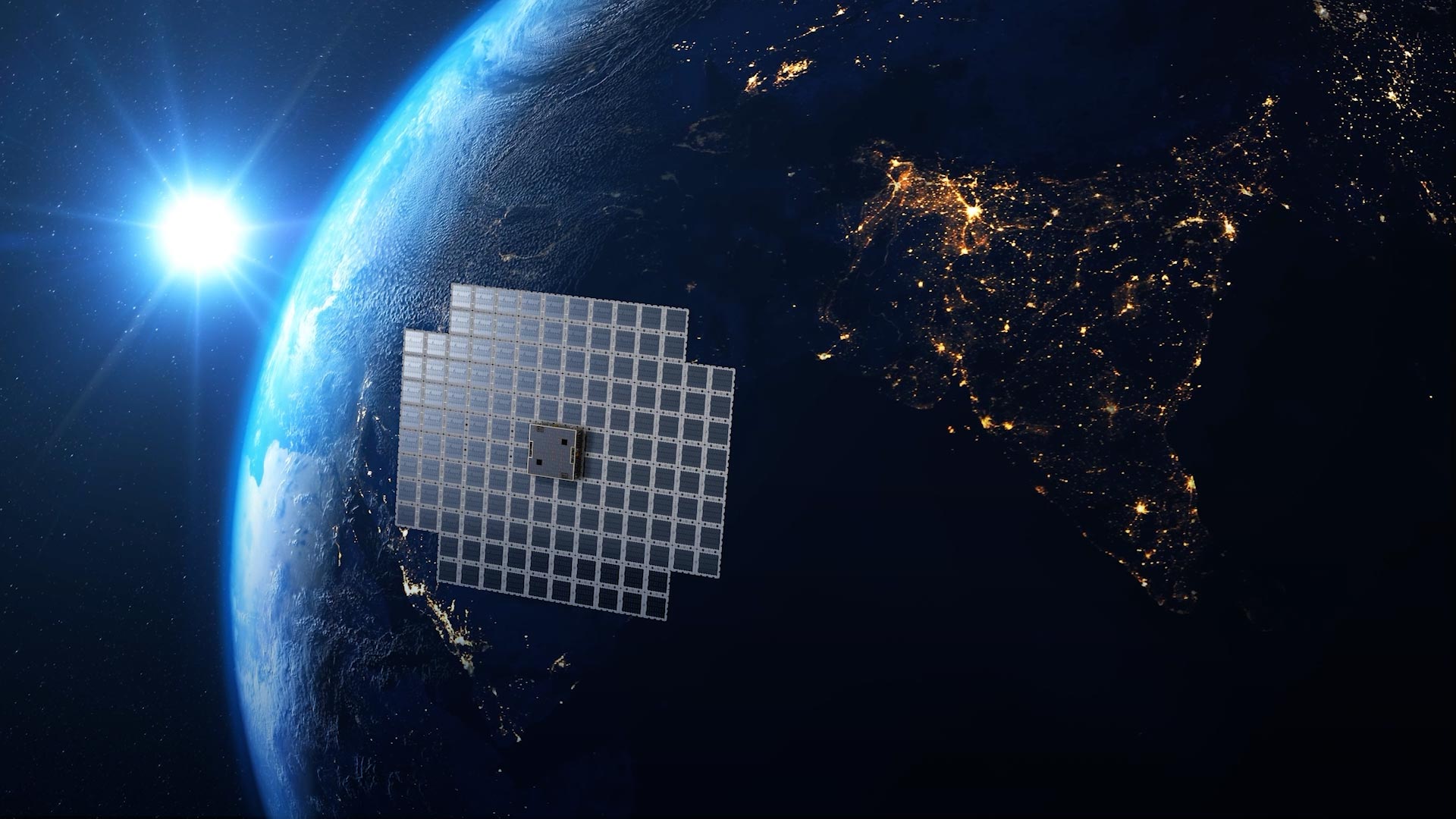 Vue d'artiste du satellite BlueWalker 3 autour de la Terre. Il est aussi étincelant que Procyon, la septième étoile la plus lumineuse du ciel. AST SpaceMobile