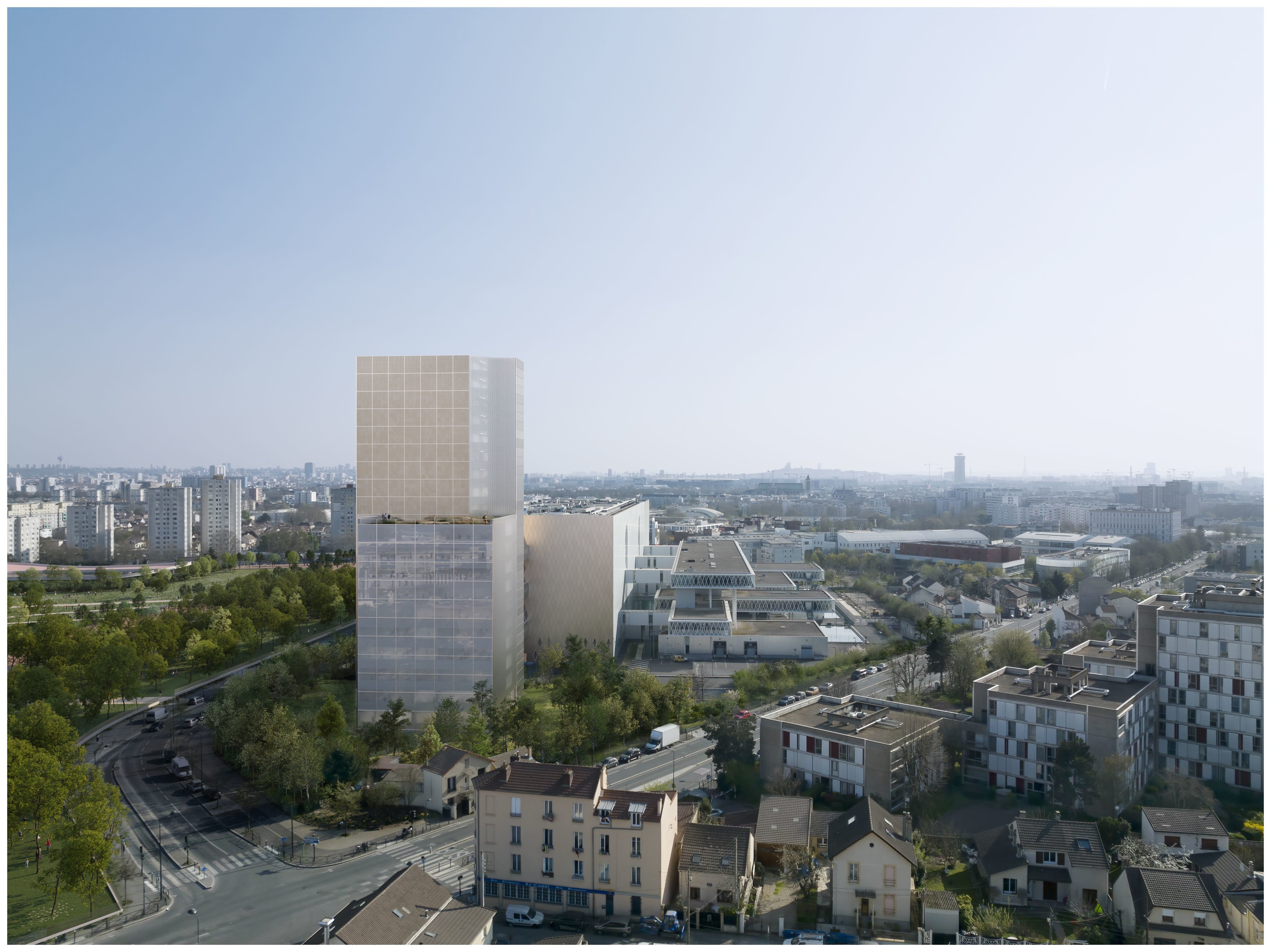 Pierrefitte (Seine-Saint-Denis). L'extension des Archives nationales disposera notamment d’une terrasse aménagée à 38 mètres de hauteur, où le public pourra profiter d’un point de vue inédit sur le paysage environnant. (Visuel d'architecte). /Agence AUC