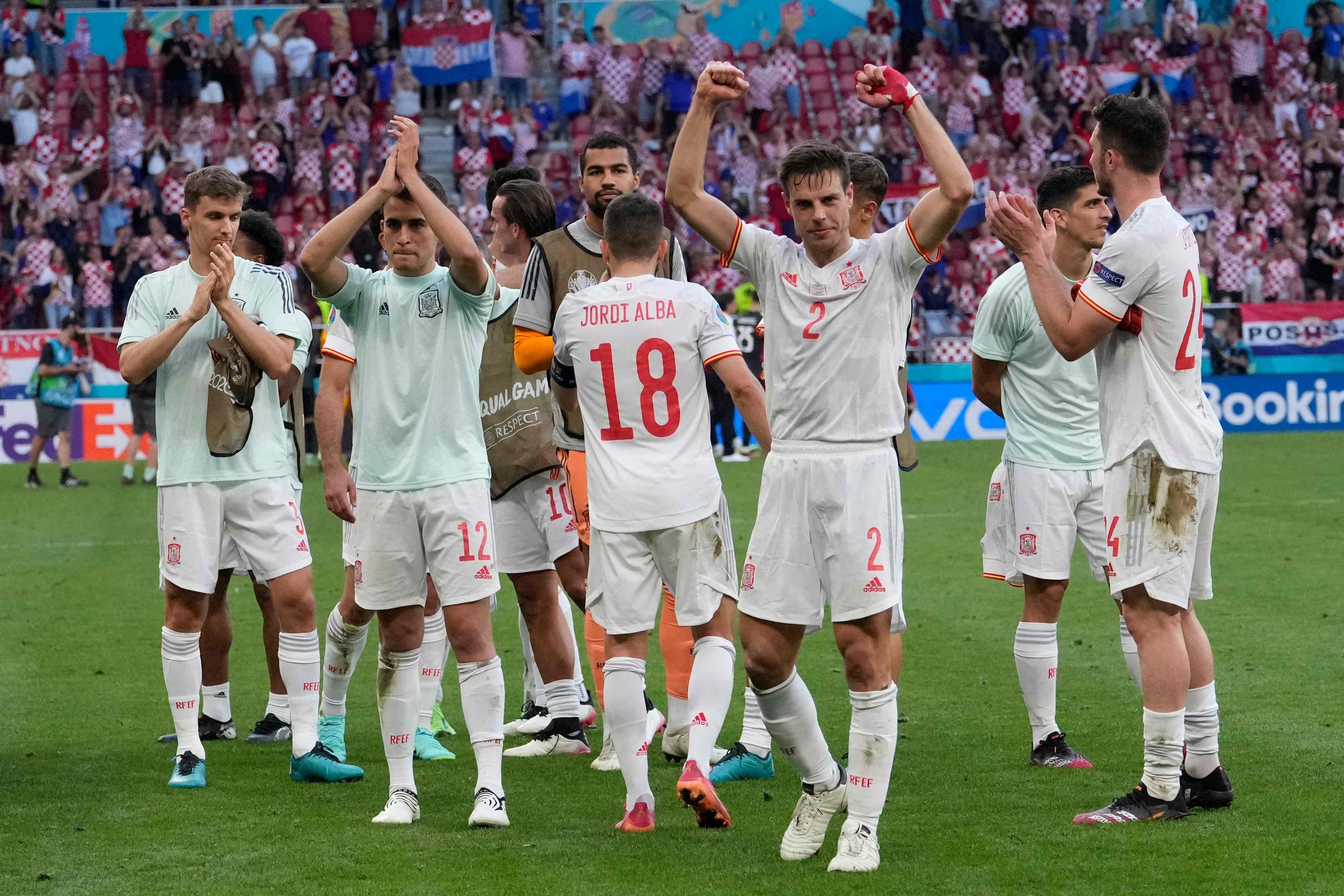 L'Espagne s'est imposée 5 buts à 3 après prolongations face à la Croatie, lundi, en huitièmes de finale de l'Euro. (Martin Meissner / POOL / AFP)
