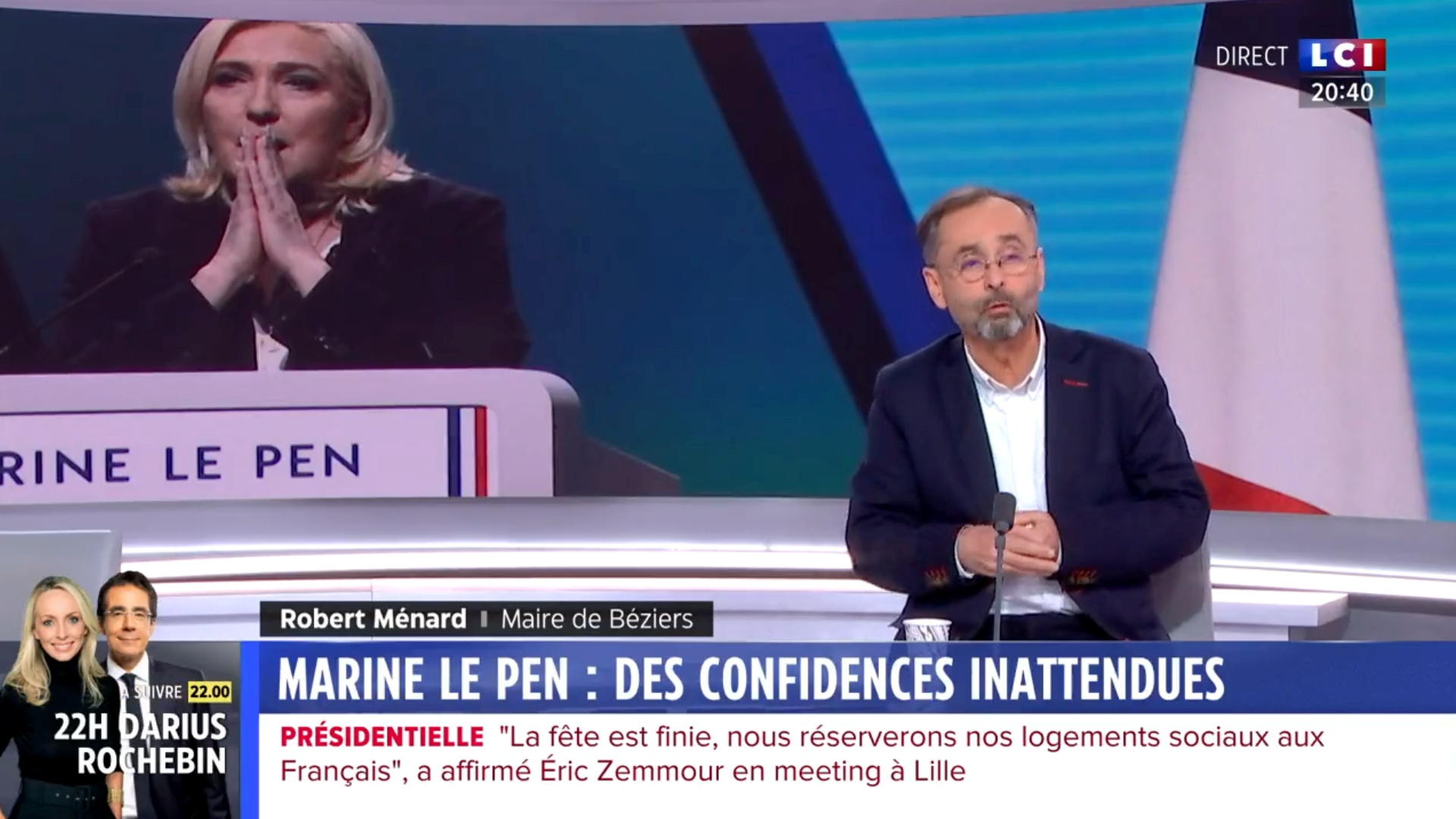 Robert Ménard dans le 20 heures de LCI, le 5 février. Le temps de parole, «c’est compliqué avec lui, il a donné son parrainage à Marine Le Pen mais peut être pro-Zemmour», pointe une documentaliste vidéo de la chaîne. LCI