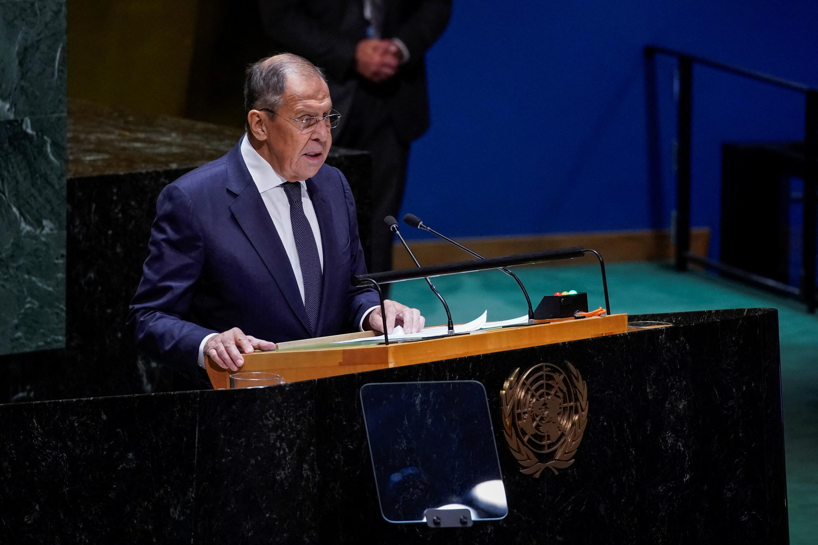 Le ministre des Affaires étrangères Sergueï Lavrov lors d'une assemblée générale des Nations Unies à New York. Reuters/Eduardo Munoz
