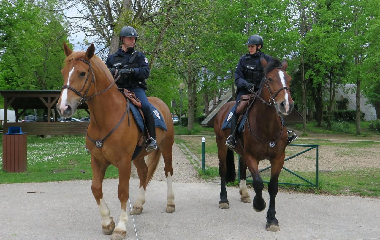 <b></b> Bois-le-Roi, le 9 mai. Le brigadier-chef Jean-Emmanuel Cotelle monte Aldo (à gauche). A droite, Titan sera aussi du voyage avec une autre cavalière.