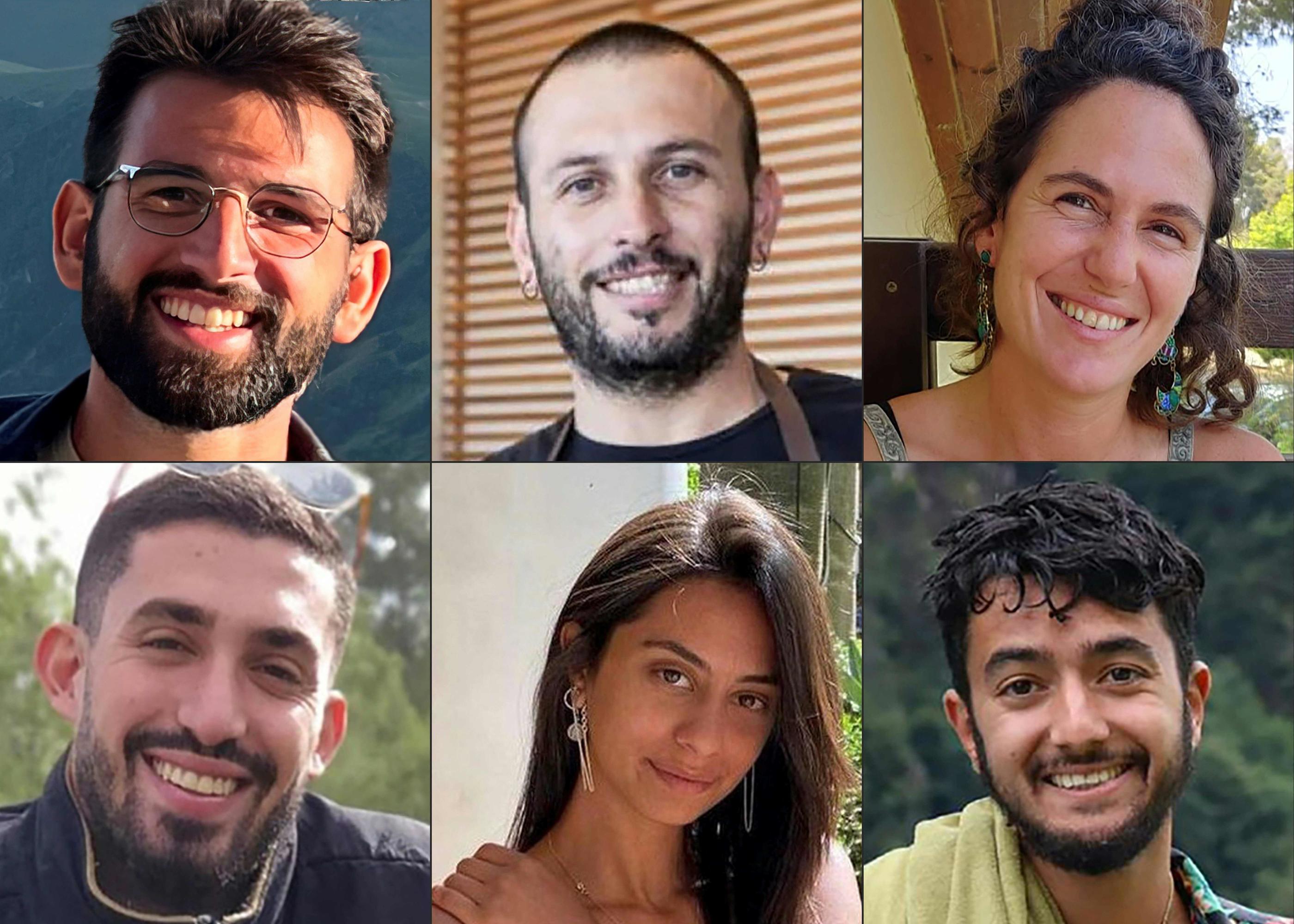 Les corps de Hersh Goldberg-Polin, Carmel Gat, Eden Yerushalmi, Alexander Lobanov, Almog Sarusi et Ori Danino, ont été retrouvés par l’armée israélienne samedi. AFP PHOTO /  THE HOSTAGES FAMILIES FORUM HEADQUARETRS