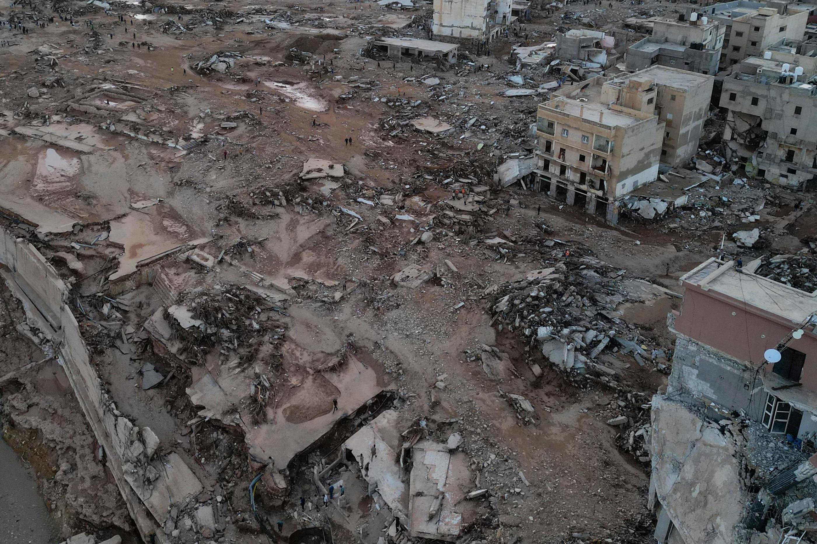Dans l'est de la Libye, la ville de Derna (ici une vue aérienne du 13 septembre) a été dévastée par la tempête Daniel. AFP/Wissam Alhamale