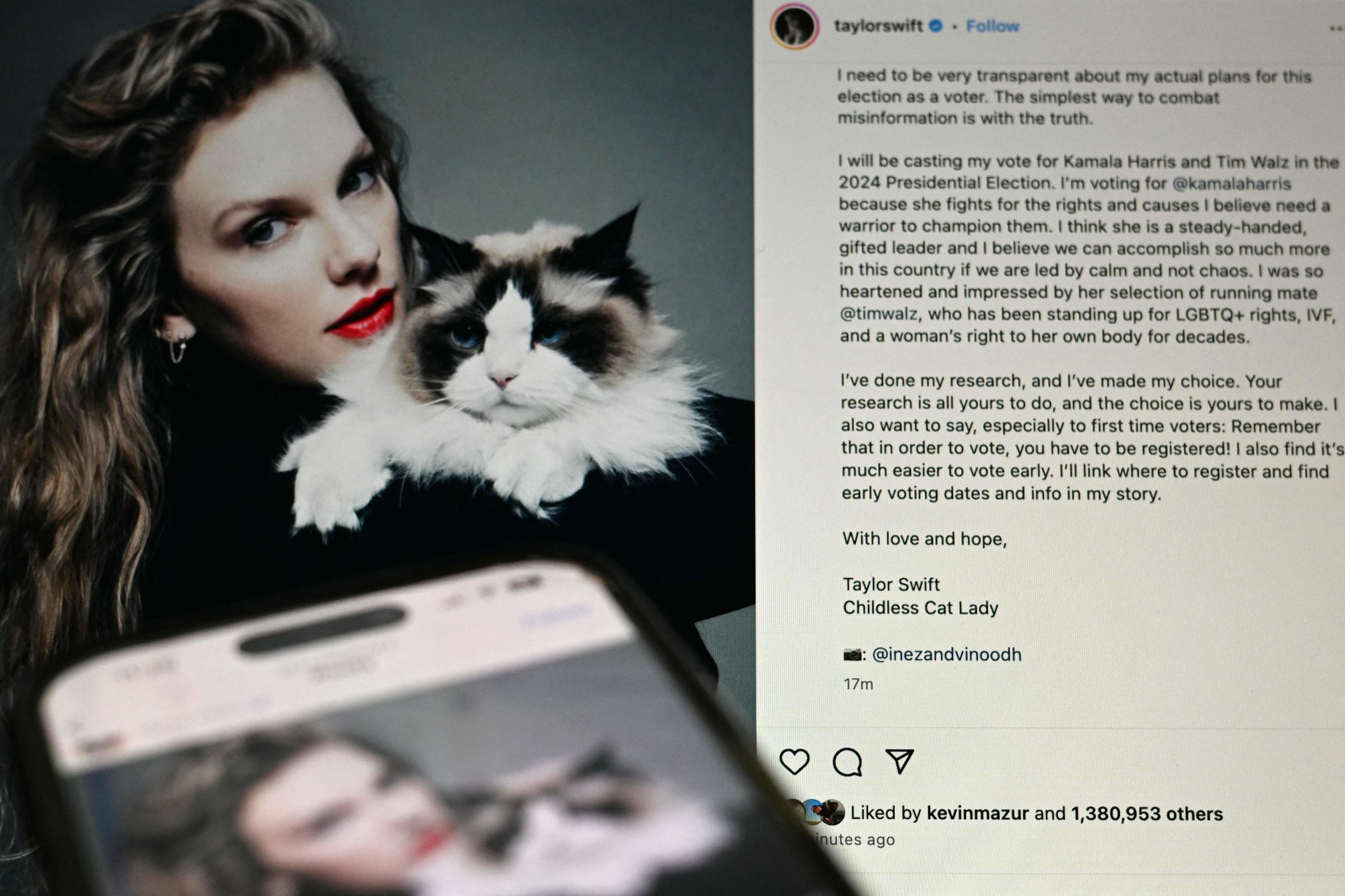 Taylor Swift a officialisé son soutien à la candidate démocrate Kamala Harris dans une publication sur Instagram, mercredi 11 novembre, à l'issue de son débat contre Donald Trump. Pedro Ugarte / AFP